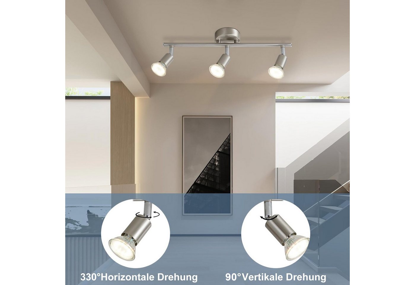 ZMH Deckenstrahler 3-flammig drehbar Schwarz/Nickel Moderne Deckenleuchte für Flur, ohne Leuchtmittel, 350°Drehbar Strahler Lampe Edelstahl Decke