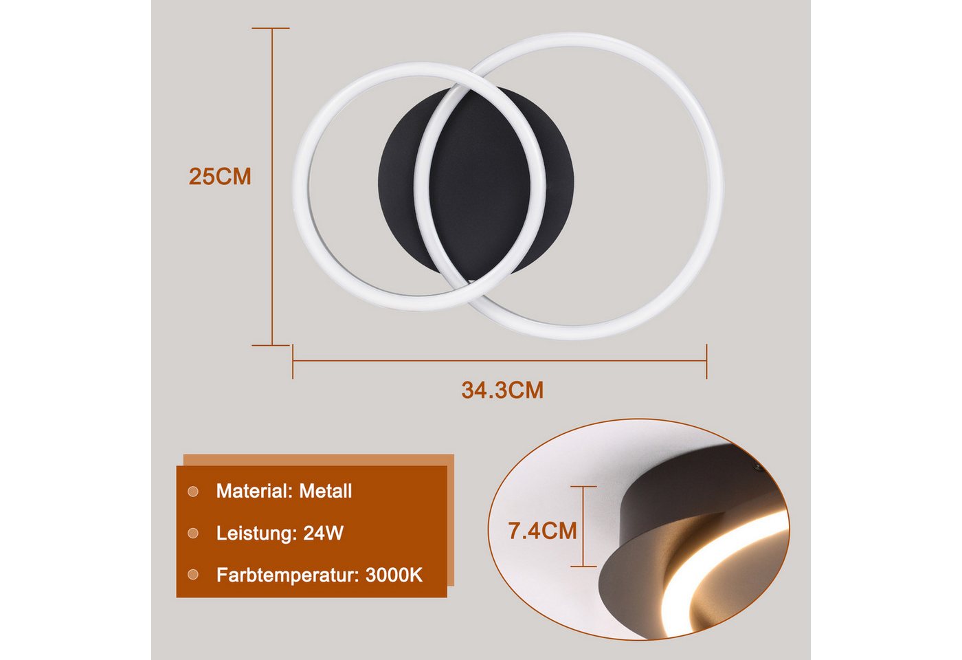 ZMH LED Deckenleuchte mit zwei Ringen – helle Deckenlampe mit 3200 Lumen bei 24 W, LED fest integriert, Warmweiß, für Wohnzimmer Schlafzimmer Küche Flur Bild 5