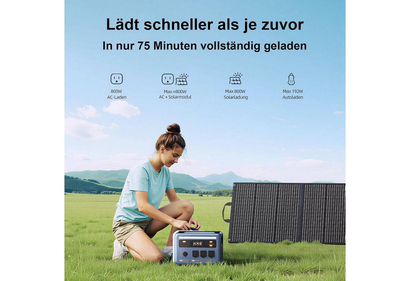 OSCAL Stromerzeuger Tragbare Powerstation 1024Wh LiFePO4 Batterie, 1800W AC (3600W Peak), 3,6 in kW, (1-tlg), Solar Generator für Camping, Wohnwagen, Notstrom zu Hause Bild 2