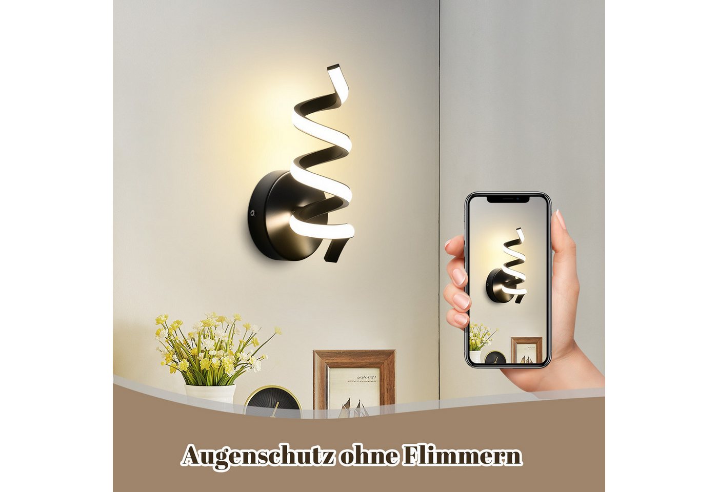 ZMH LED Wandleuchte Innen Schwarz/Weiß Wandlampe Modern 7W Warmweiß Wohnzimmer, LED fest integriert, 3000K, Spiralförmiges Design, Metall und Silikon Bild 2