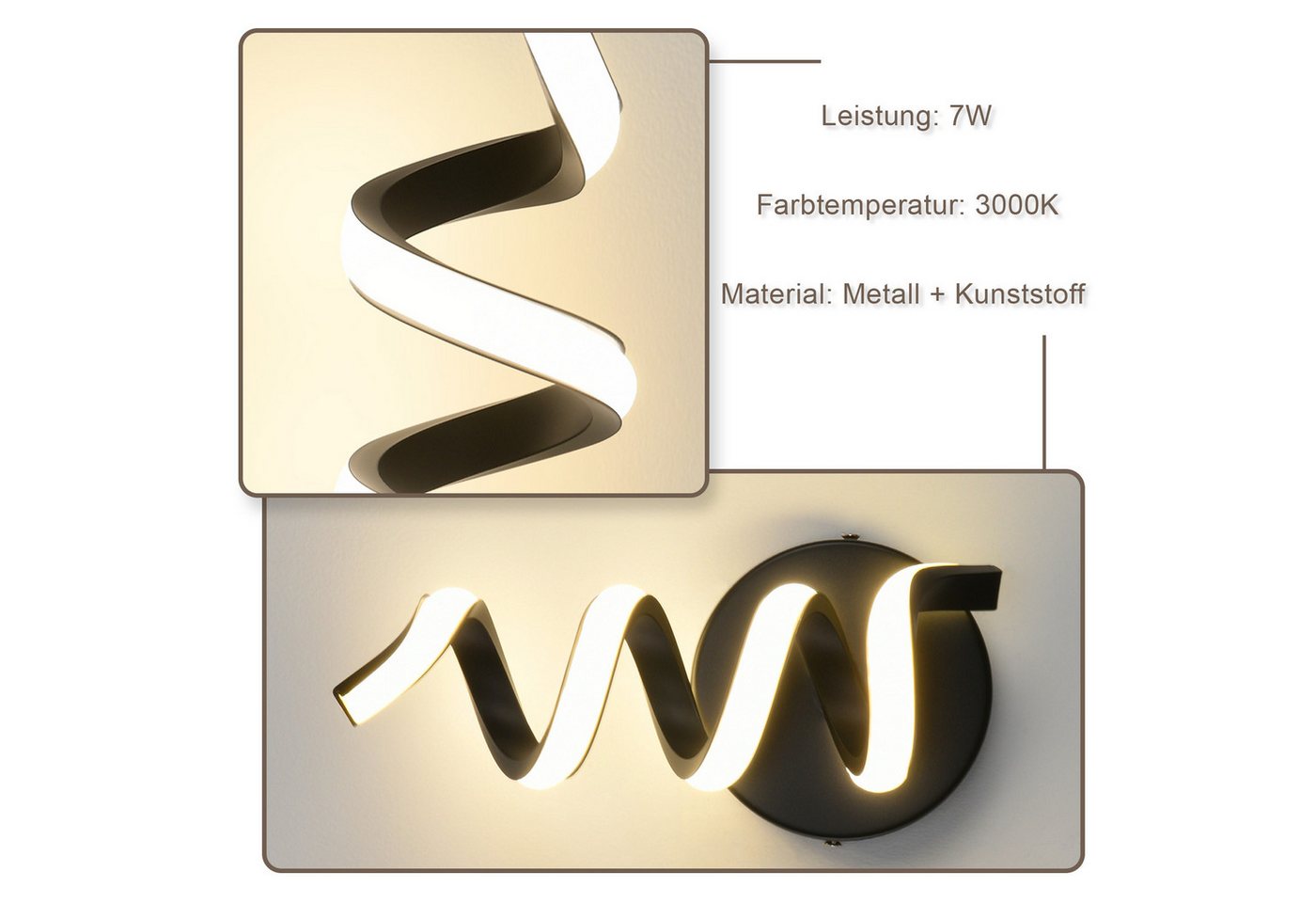 ZMH LED Wandleuchte Innen Schwarz/Weiß Wandlampe Modern 7W Warmweiß Wohnzimmer, LED fest integriert, 3000K, Spiralförmiges Design, Metall und Silikon Bild 3