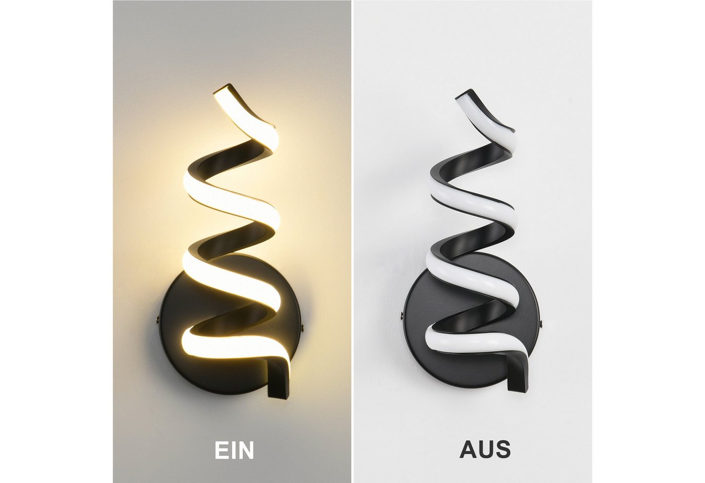 ZMH LED Wandleuchte Innen Schwarz/Weiß Wandlampe Modern 7W Warmweiß Wohnzimmer, LED fest integriert, 3000K, Spiralförmiges Design, Metall und Silikon Bild 5