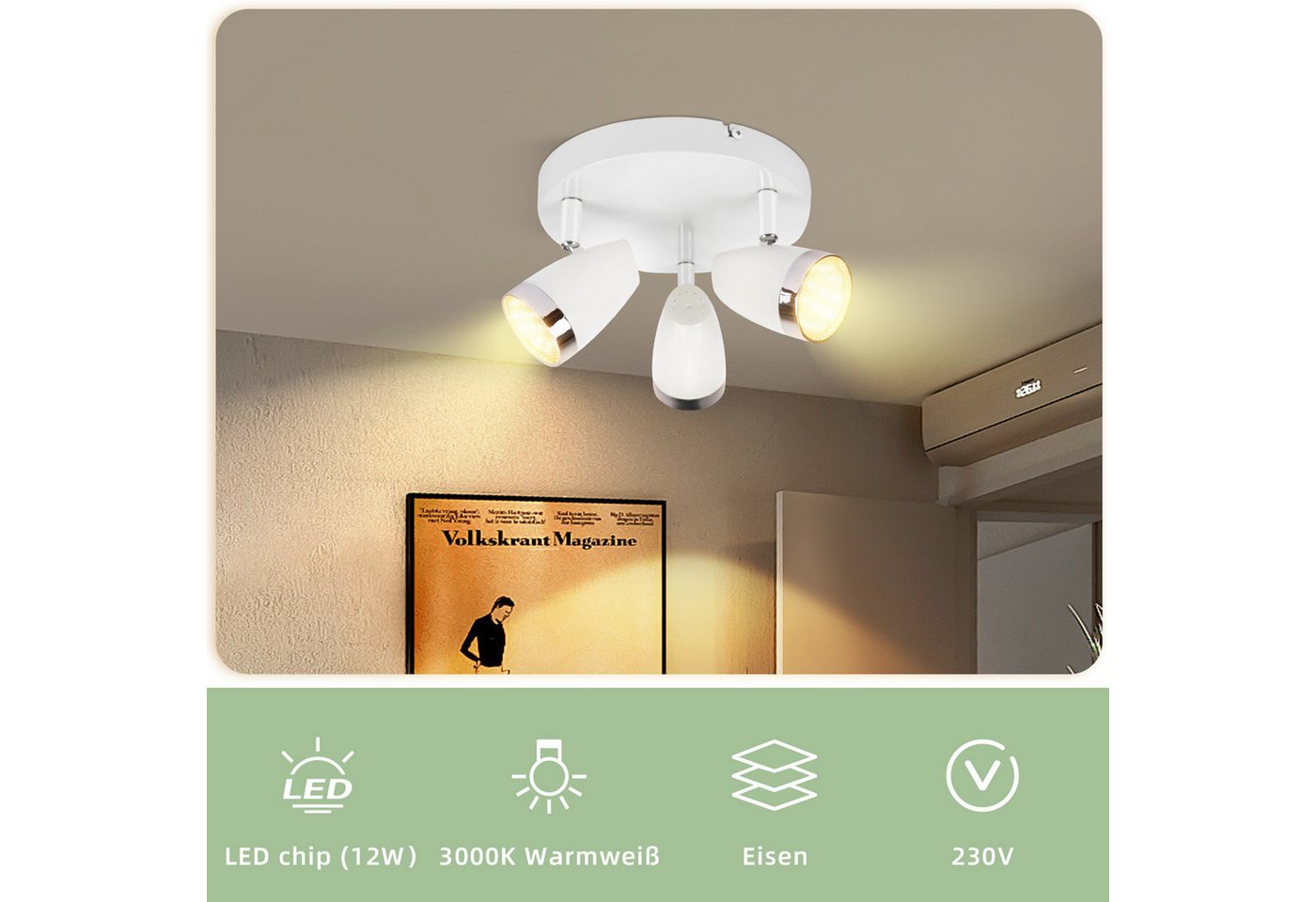 ZMH Deckenstrahler 1/2/3/4 Flammig 4/6/12/16W Deckenlampe schwenkbar 350° Wohnzimmer, LED fest integriert, Warmweiß, Weiß 3000K schwenkbar 350° Deckenspot Flur Schlafzimmer Bild 2