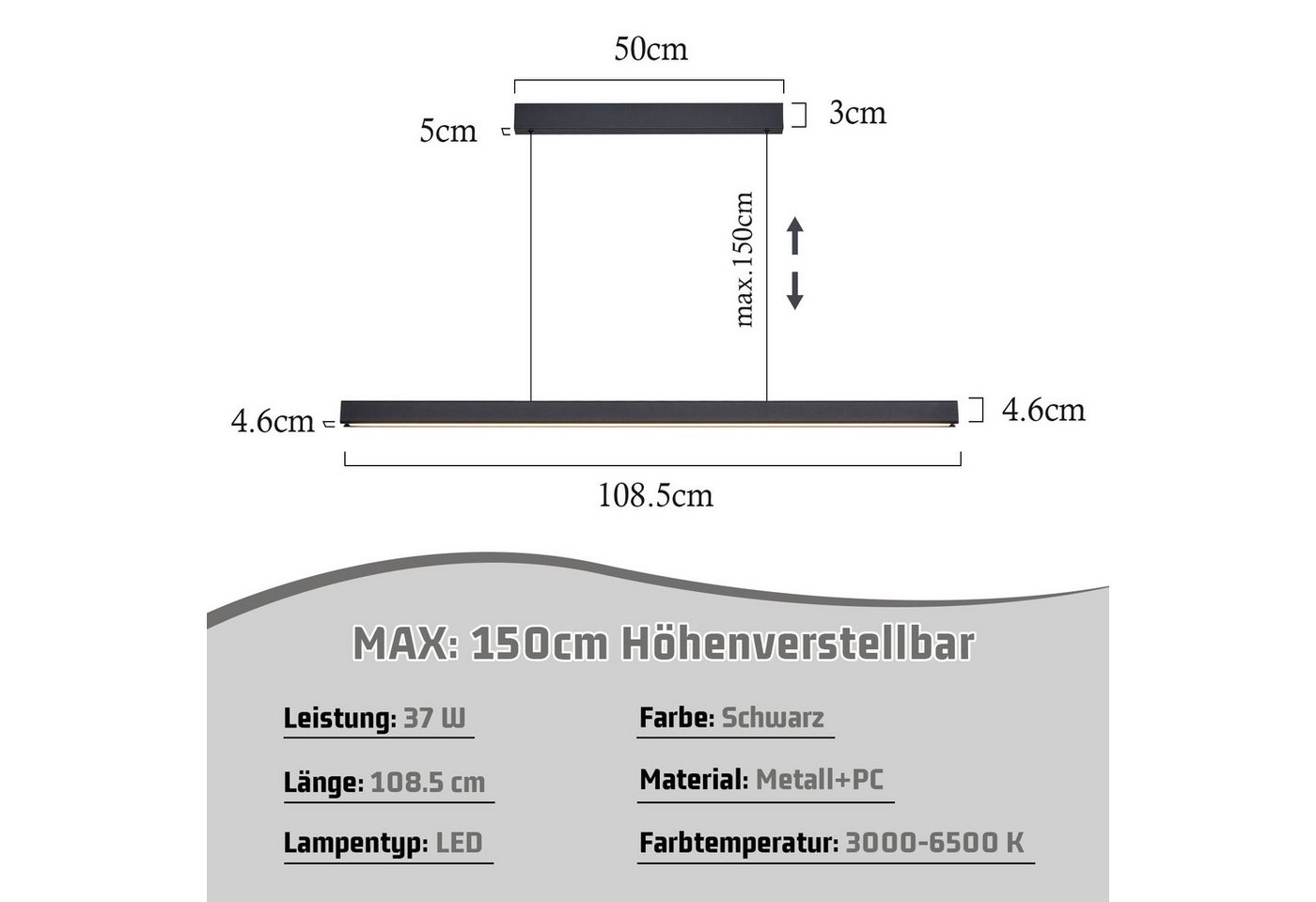 ZMH Pendelleuchte LED Esstisch Pendelleuchten Schwarz Esszimmer 108CM/148 CM Dimmbar, LED fest integriert, 3000-6500K, Höhenverstellbar Hängeleuchte mit Fernbedienung Hängelampe Wohnzimmer