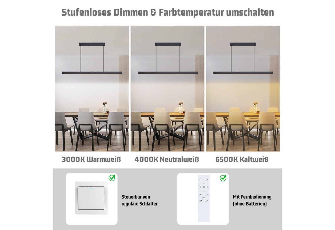 ZMH Pendelleuchte LED Esstisch Pendelleuchten Schwarz Esszimmer 108CM/148 CM Dimmbar, LED fest integriert, 3000-6500K, Höhenverstellbar Hängeleuchte mit Fernbedienung Hängelampe Wohnzimmer Bild 3
