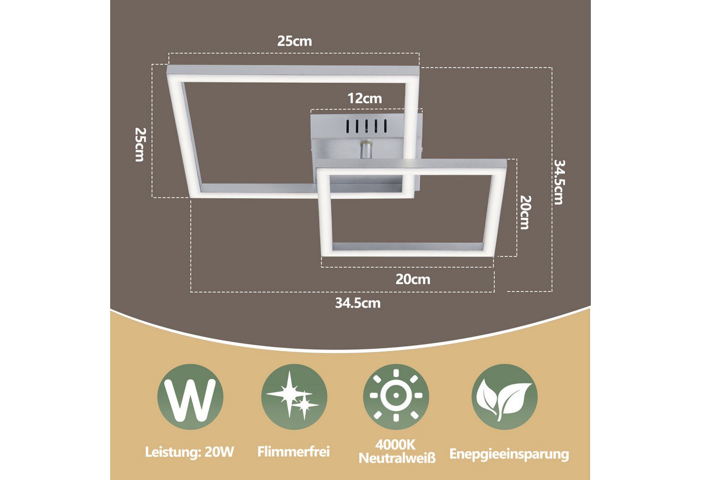 ZMH LED Deckenleuchte Wohnzimmer - Quadratisch Schwarz Eckig 3000K/4000K Deckenlampe Flur, LED fest integriert