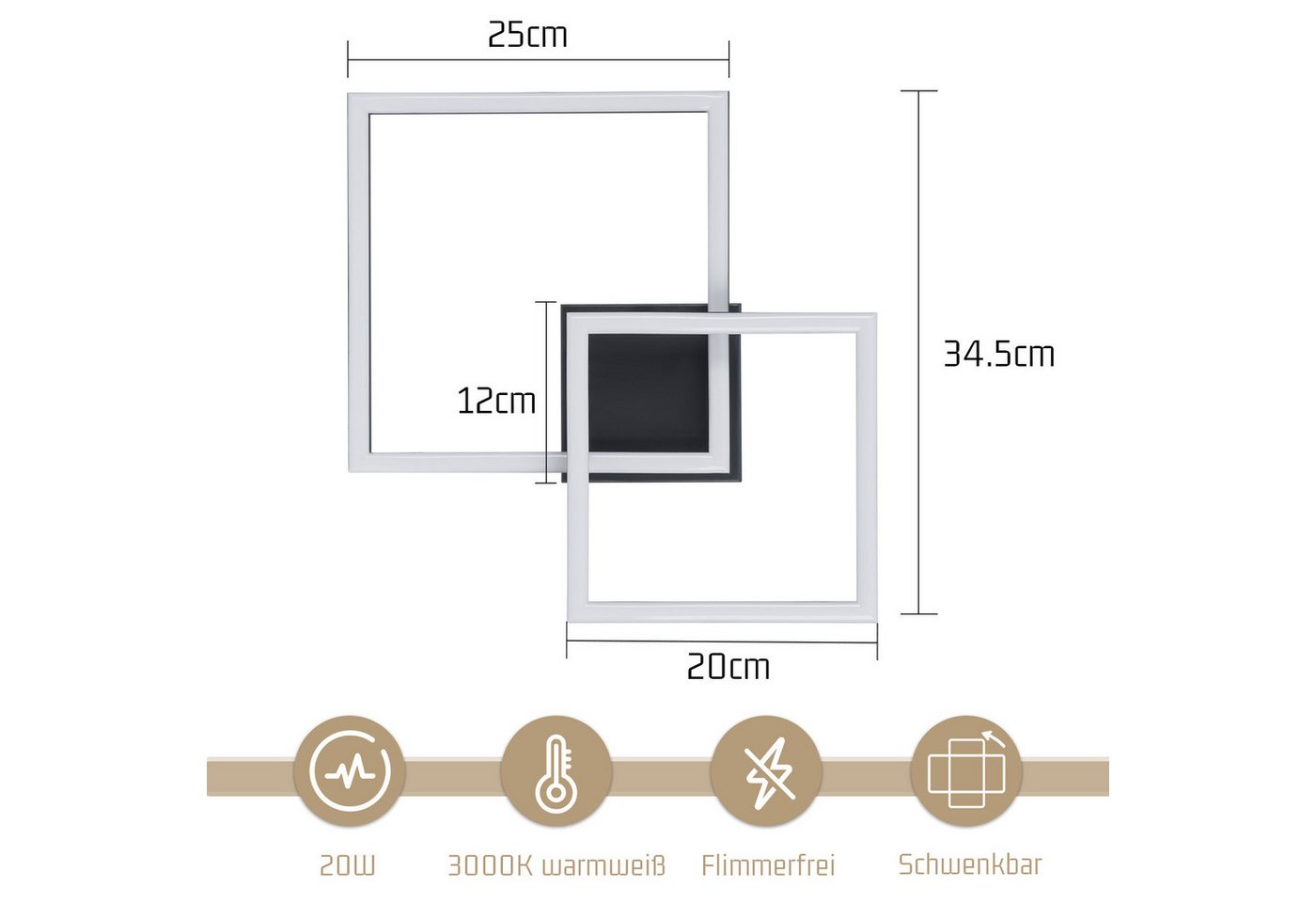 ZMH LED Deckenleuchte Wohnzimmer - Quadratisch Schwarz Eckig 3000K/4000K Deckenlampe Flur, LED fest integriert, Warmweiß