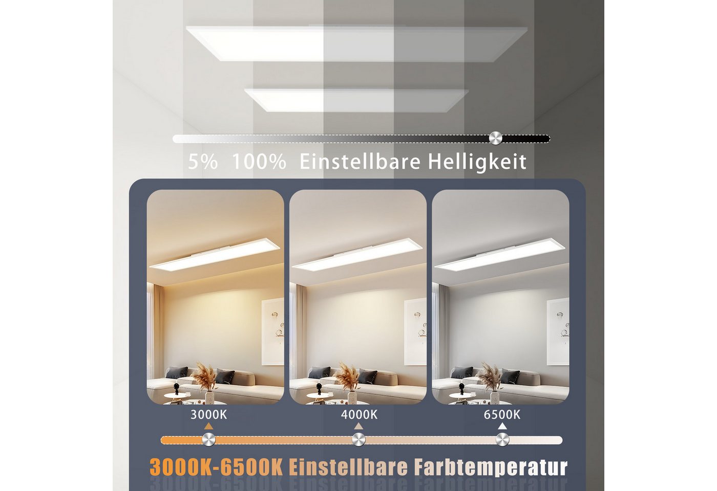 ZMH LED Deckenleuchte LED 3000-6500K dimmbar 100/120cm Schwarz/Weiß Deckenlampe, LED fest integriert, warmweiß, neutralweiß, kaltweiß, 40W Rechteckig 4100LM Timer Memory Bürolampe Bild 2