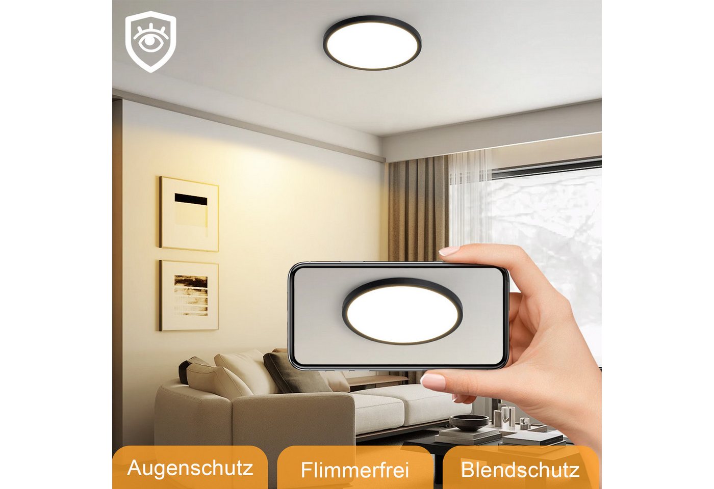 ZMH LED Deckenleuchte Wohnzimmer ∅18CM Schwarz/Weiß Schlafzimmerlampe 15W für Küche Flur, LED fest integriert, Warmweiß, 3000K Flach Deckenlampe