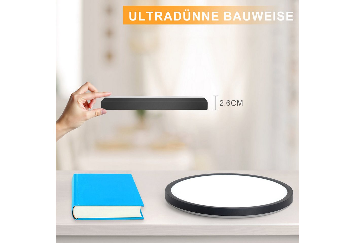 ZMH LED Deckenleuchte Wohnzimmer ∅18CM Schwarz/Weiß Schlafzimmerlampe 15W für Küche Flur, LED fest integriert, Warmweiß, 3000K Flach Deckenlampe Bild 2