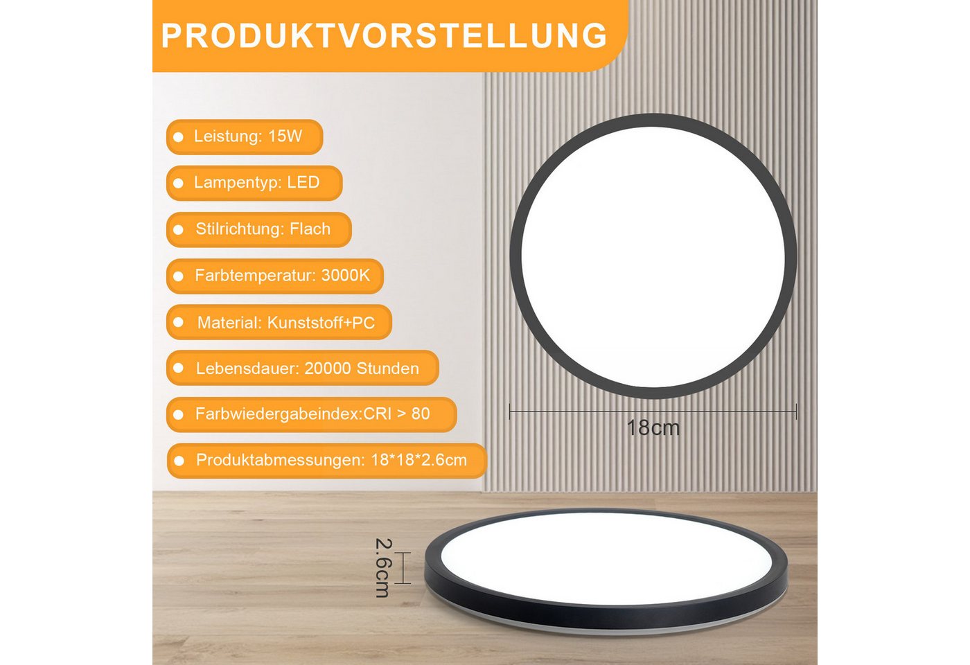 ZMH LED Deckenleuchte Wohnzimmer ∅18CM Schwarz/Weiß Schlafzimmerlampe 15W für Küche Flur, LED fest integriert, Warmweiß, 3000K Flach Deckenlampe Bild 4