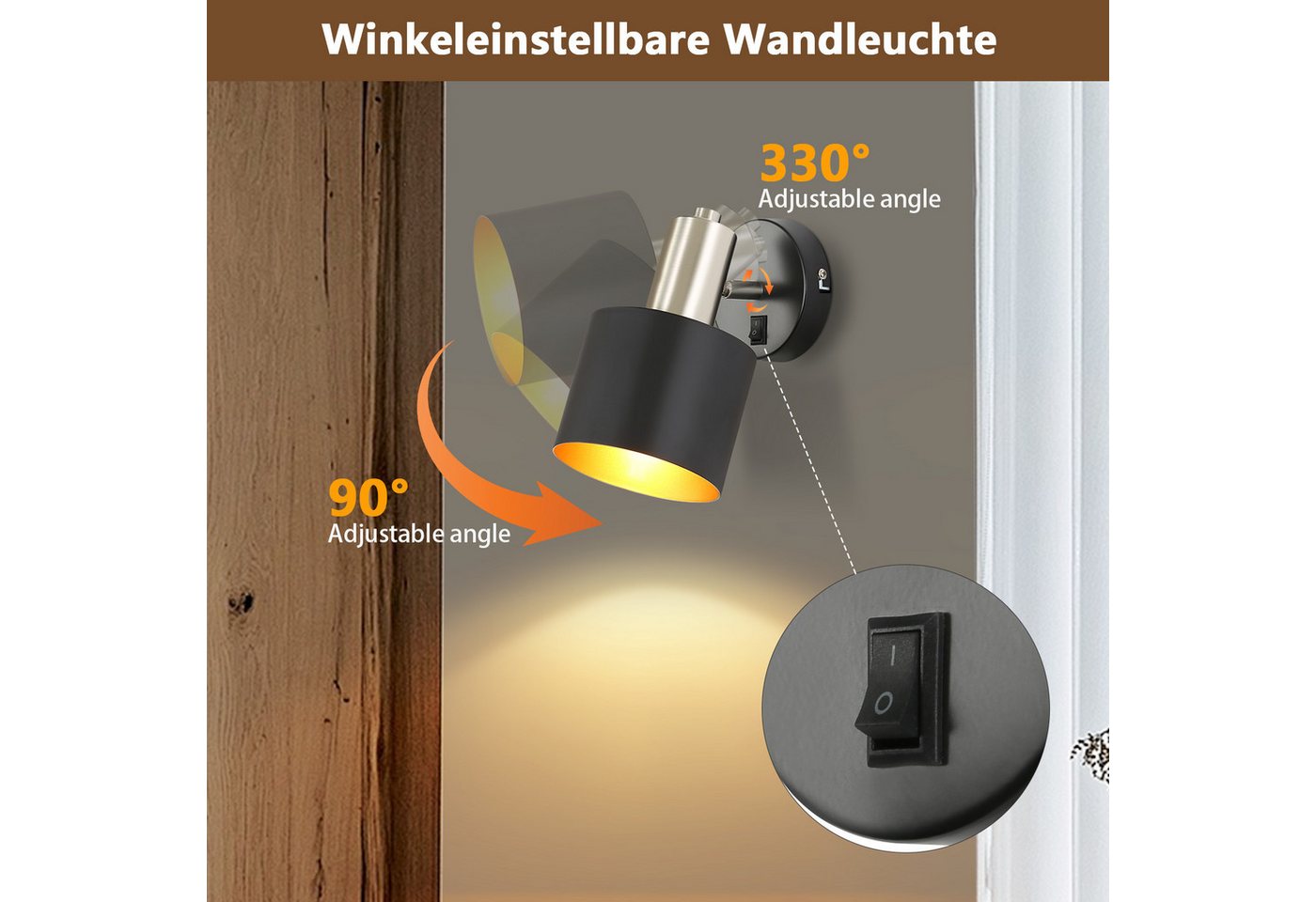 ZMH Wandleuchte Innen Schwarz-Gold Wandstrahler Vintage E27 Metall Schlafzimmer Flur, ohne Leuchtmittel, Industrial Wandbeleuchtung mit Schlater 330° Schwenkbar Bild 4