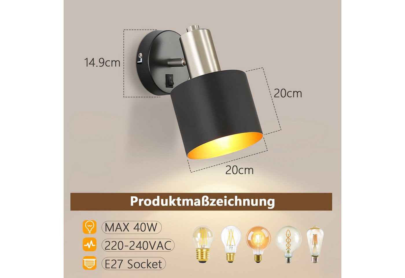 ZMH Wandleuchte Innen Schwarz-Gold Wandstrahler Vintage E27 Metall Schlafzimmer Flur, ohne Leuchtmittel, Industrial Wandbeleuchtung mit Schlater 330° Schwenkbar Bild 5