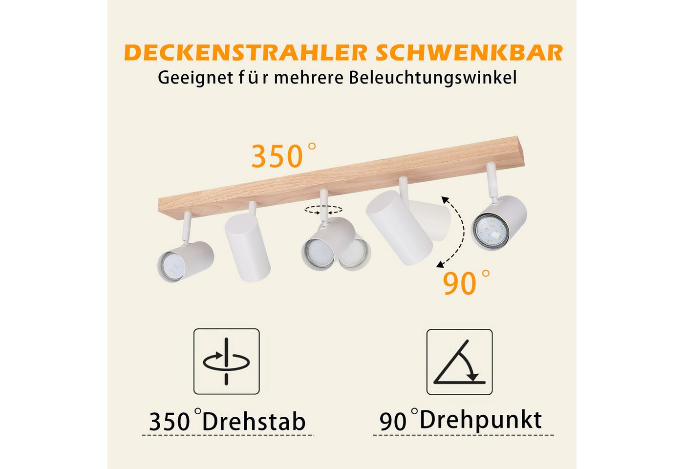 ZMH Deckenstrahler 5 Flammig Holz Schwarz/Weiß GU10 Deckenleuchte für Schlafzimmer Flur, ohne Leuchtmittel, Schwenkbar 350° Moderne Wohnzimmerlampe Kindzimmer Küche