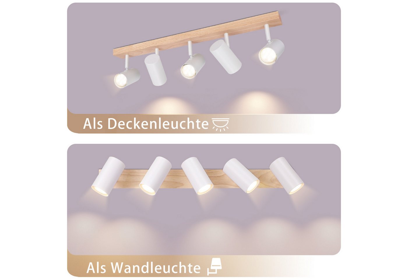ZMH Deckenstrahler 5 Flammig Holz Schwarz/Weiß GU10 Deckenleuchte für Schlafzimmer Flur, ohne Leuchtmittel, Schwenkbar 350° Moderne Wohnzimmerlampe Kindzimmer Küche Bild 4