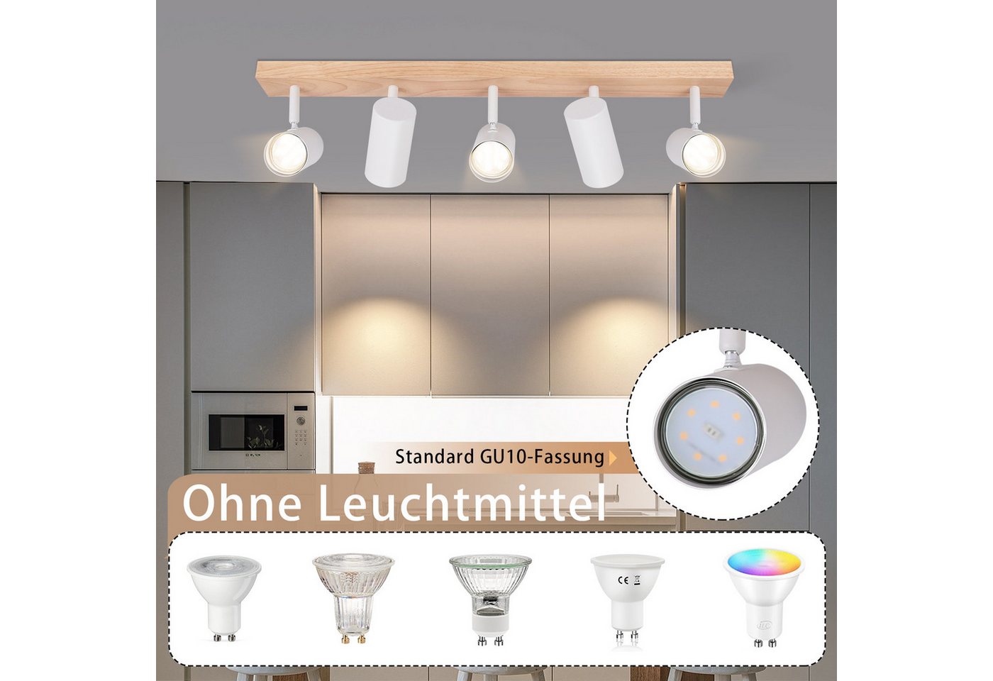 ZMH Deckenstrahler 5 Flammig Holz Schwarz/Weiß GU10 Deckenleuchte für Schlafzimmer Flur, ohne Leuchtmittel, Schwenkbar 350° Moderne Wohnzimmerlampe Kindzimmer Küche Bild 5
