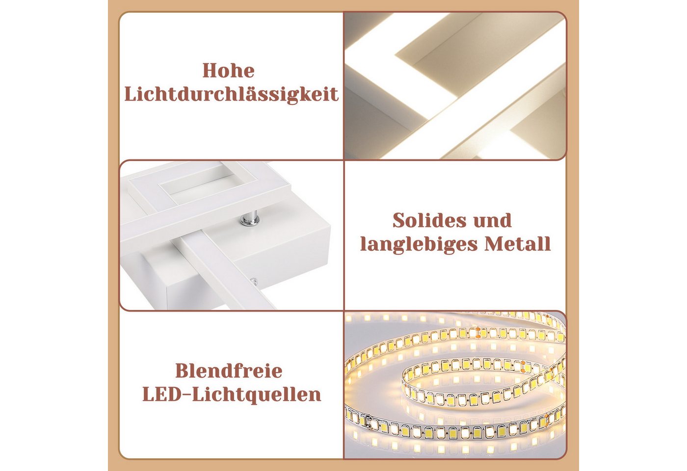 ZMH LED Deckenleuchte Wohnzimmer Modern 2 Flammig 24W Deckenlampe Schlafzimmer Flur, LED fest integriert, 4000K, Weiß-Neutralweiß Schlafzimmerlampe Eckig Flur Bild 2