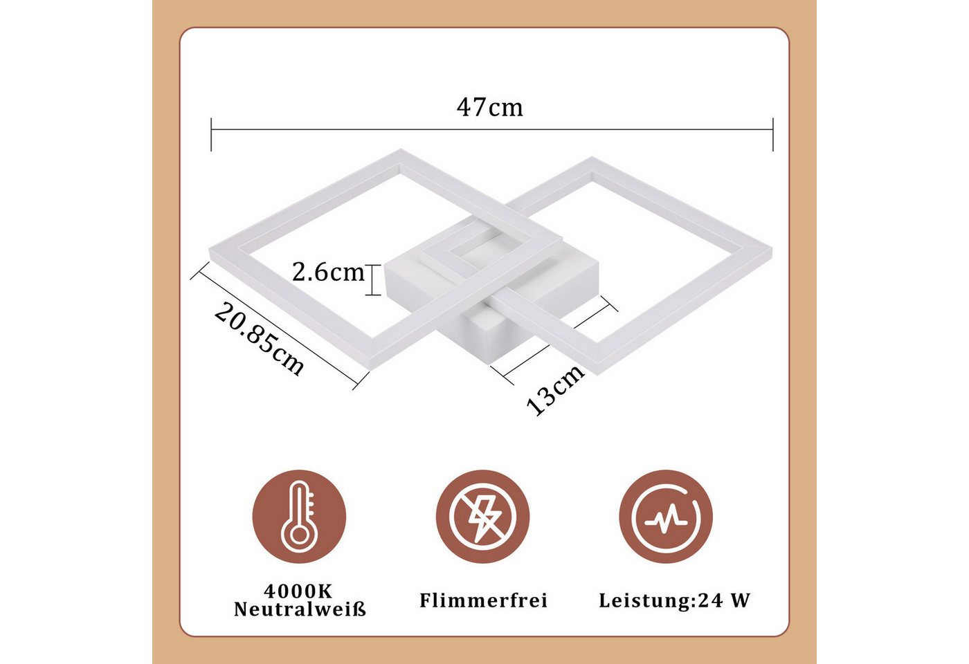 ZMH LED Deckenleuchte Wohnzimmer Modern 2 Flammig 24W Deckenlampe Schlafzimmer Flur, LED fest integriert, 4000K, Weiß-Neutralweiß Schlafzimmerlampe Eckig Flur Bild 3