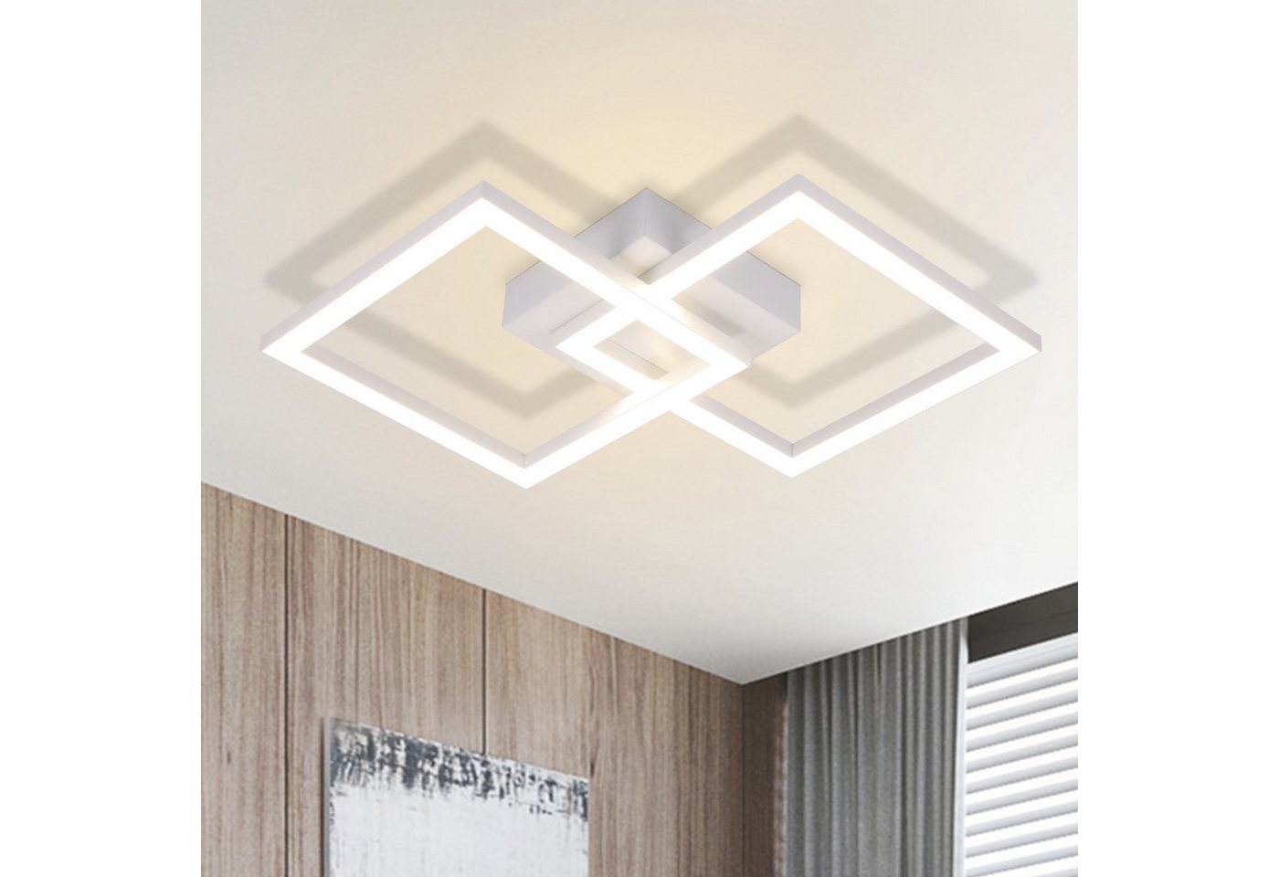 ZMH LED Deckenleuchte Wohnzimmer Modern 2 Flammig 24W Deckenlampe Schlafzimmer Flur, LED fest integriert, 4000K, Weiß-Neutralweiß Schlafzimmerlampe Eckig Flur Bild 4