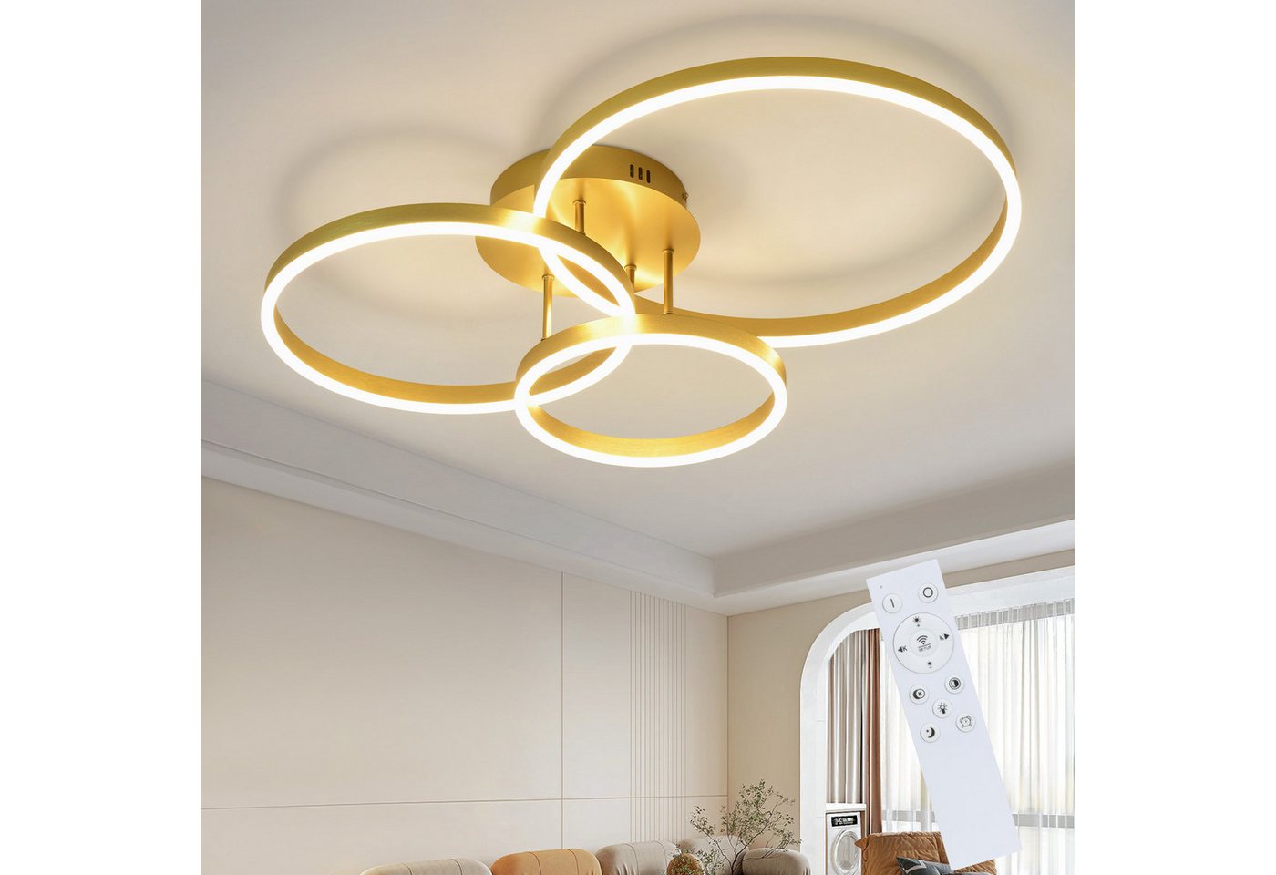 ZMH LED Deckenleuchte Wohnzimmer Modern Gold 2/3/4 Ring Design Deckenlampe Dimmbar, LED fest integriert, 3000-6500K, 82CM aus Acryl 74W Schlafzimmerlampe mit Fernbedienung Küche