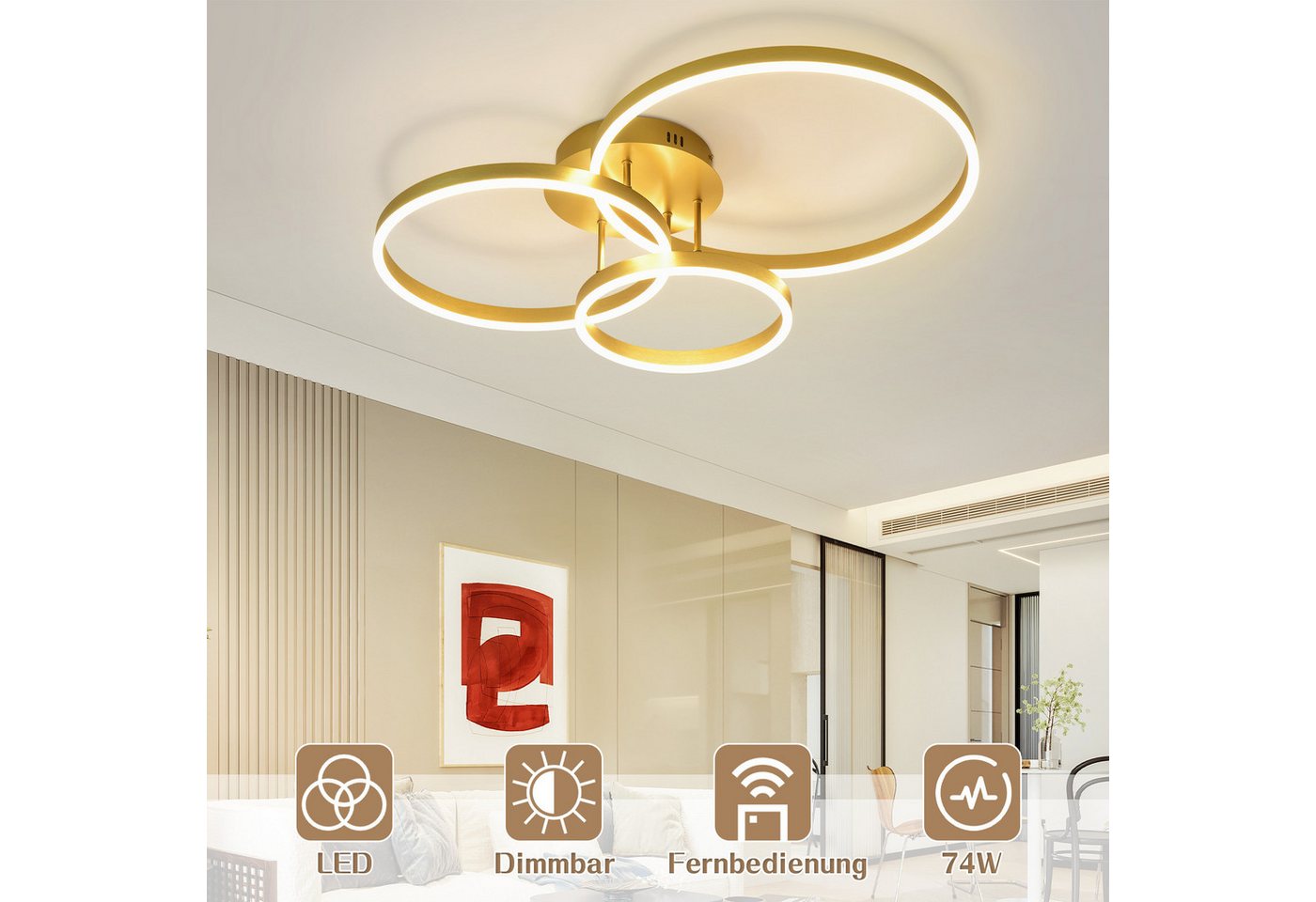 ZMH LED Deckenleuchte Wohnzimmer Modern Gold 2/3/4 Ring Design Deckenlampe Dimmbar, LED fest integriert, 3000-6500K, 82CM aus Acryl 74W Schlafzimmerlampe mit Fernbedienung Küche Bild 2
