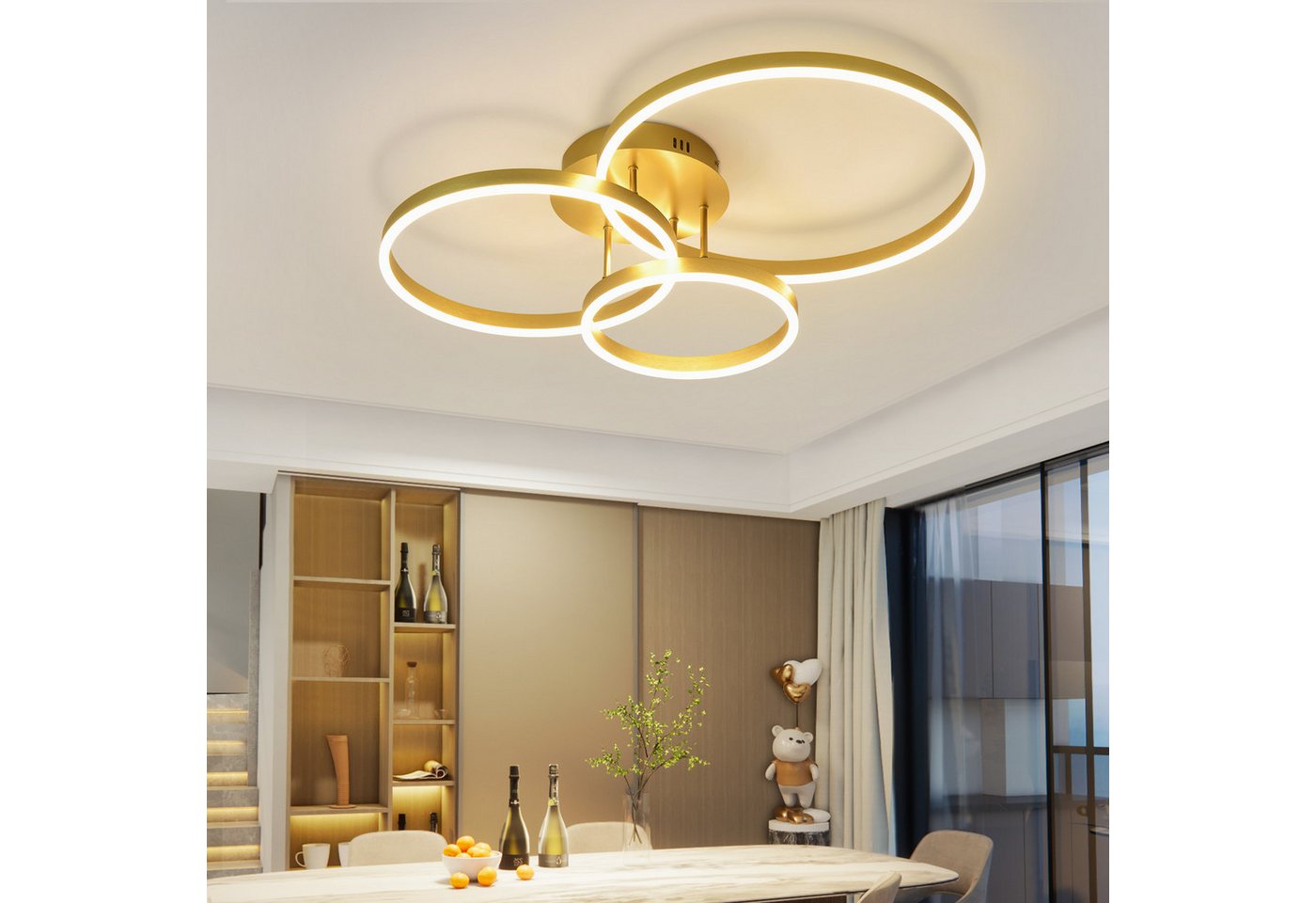 ZMH LED Deckenleuchte Wohnzimmer Modern Gold 2/3/4 Ring Design Deckenlampe Dimmbar, LED fest integriert, 3000-6500K, 82CM aus Acryl 74W Schlafzimmerlampe mit Fernbedienung Küche Bild 3