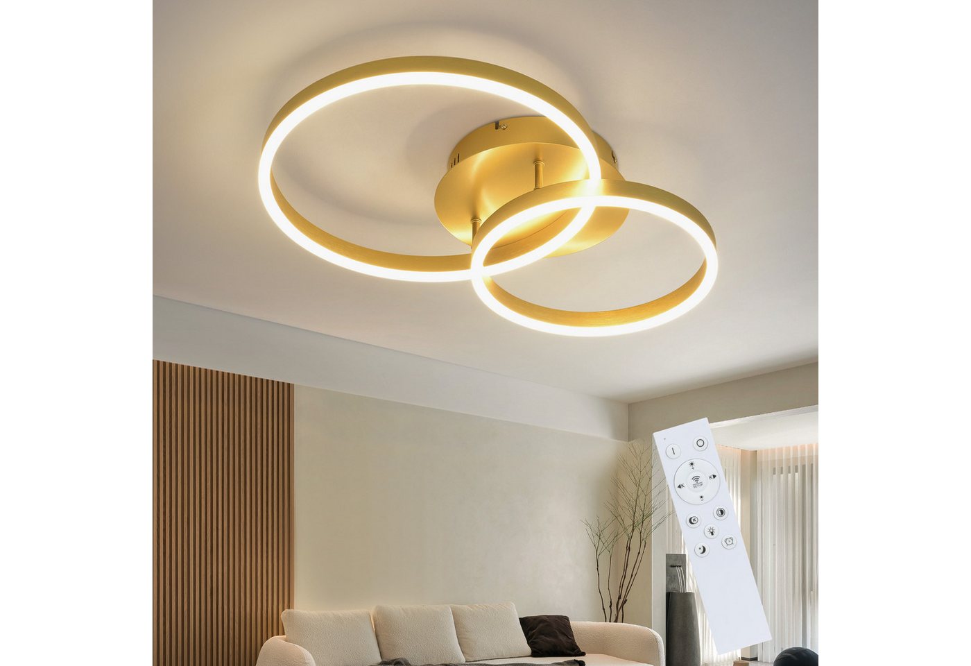 ZMH LED Deckenleuchte Wohnzimmer Modern Gold 2/3/4 Ring Design Deckenlampe Dimmbar, LED fest integriert, 3000-6500K, 40CM aus Acryl 46W Schlafzimmerlampe mit Fernbedienung Küche Bild 2