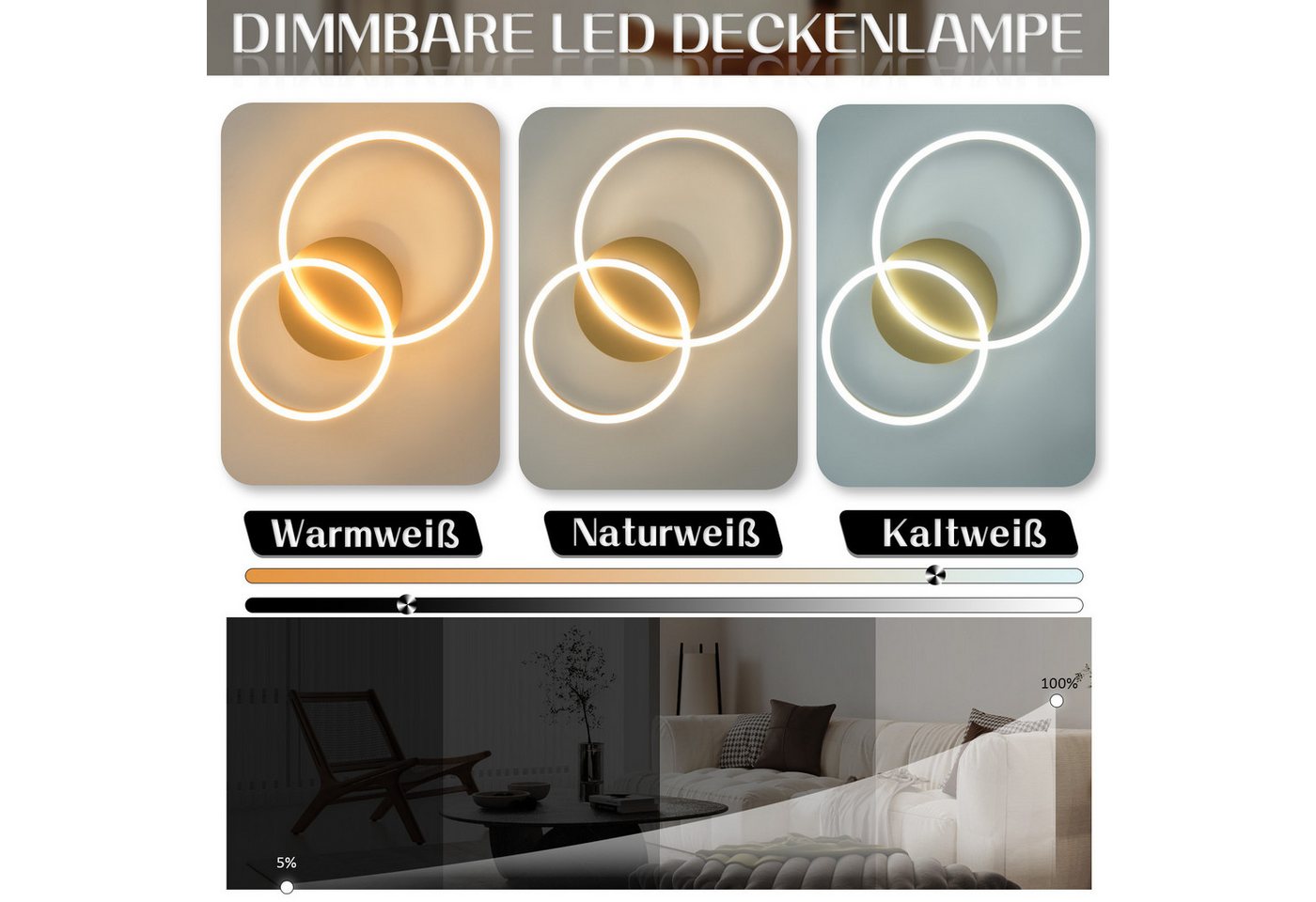 ZMH LED Deckenleuchte Wohnzimmer Modern Gold 2/3/4 Ring Design Deckenlampe Dimmbar, LED fest integriert, 3000-6500K, 40CM aus Acryl 46W Schlafzimmerlampe mit Fernbedienung Küche Bild 3