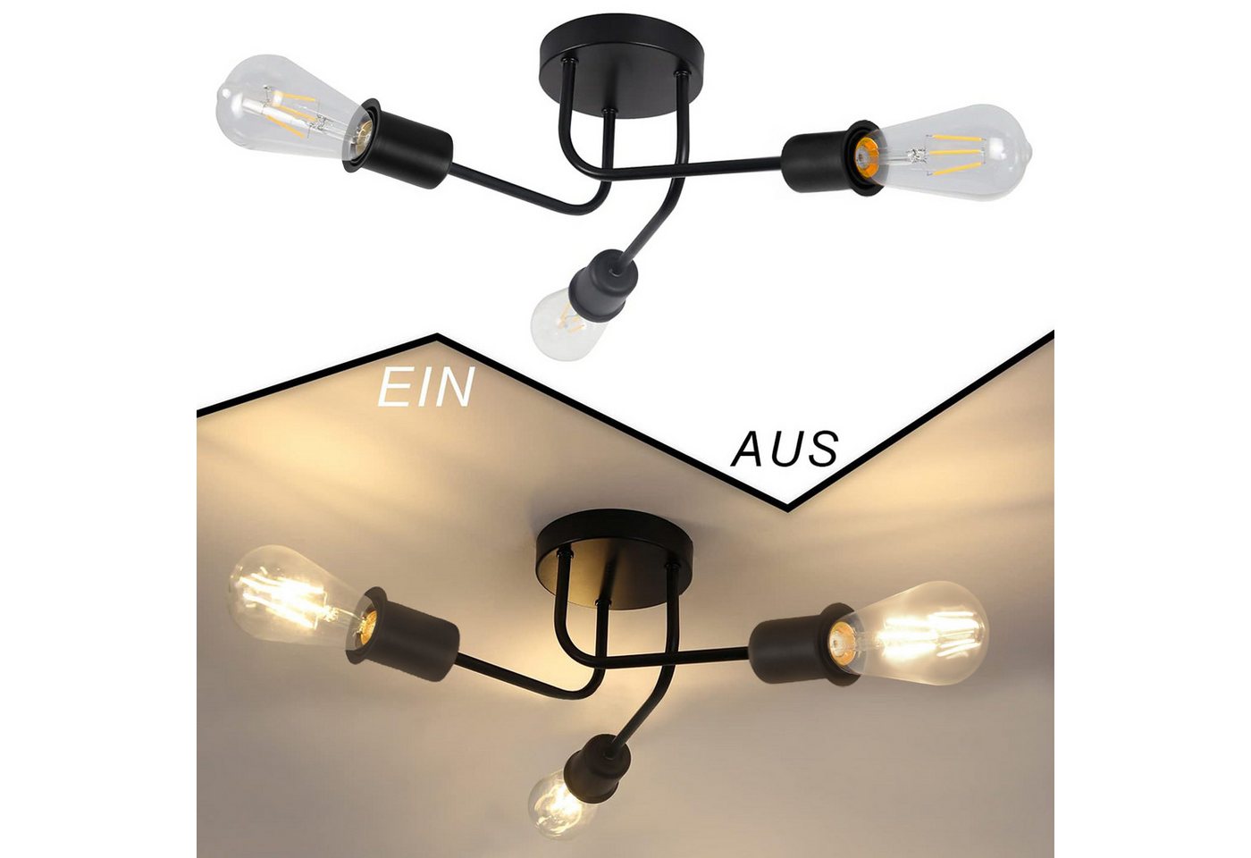 ZMH Deckenleuchte Wohnzimmer Vintage E27 Schwarz eckenlampe Retro Schlafzimmerlampe, LED wechselbar Bild 5