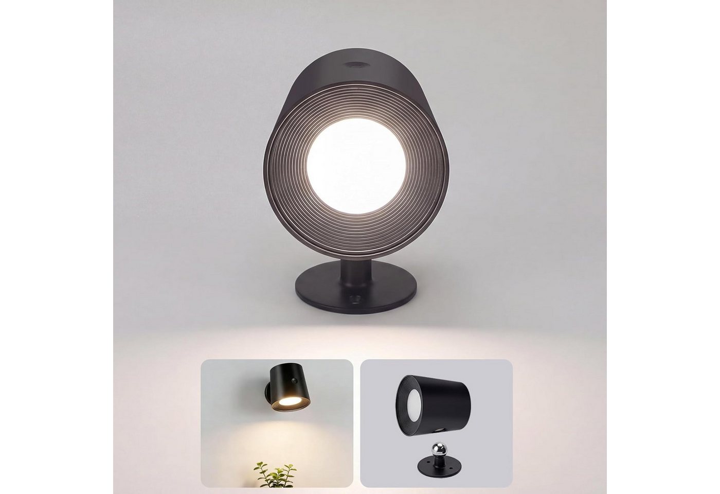 ZMH LED Wandleuchte Leselampe Schwarz Akku 360° Drehbar Touch Control 3 Helligkeitsstufen, Mit Fernbedienung, LED fest integriert, 3000-6500K, USB-Ladefunktion, Wohnzimmer Bild 2