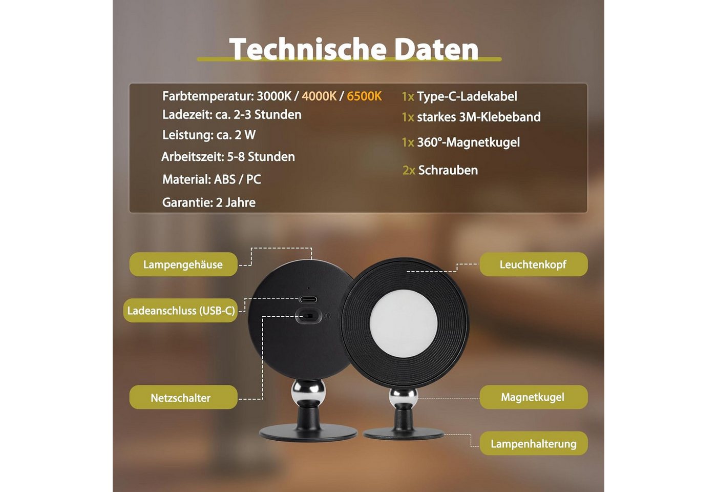 ZMH LED Wandleuchte Leselampe Schwarz Akku 360° Drehbar Touch Control 3 Helligkeitsstufen, Mit Fernbedienung, LED fest integriert, 3000-6500K, USB-Ladefunktion, Wohnzimmer Bild 3