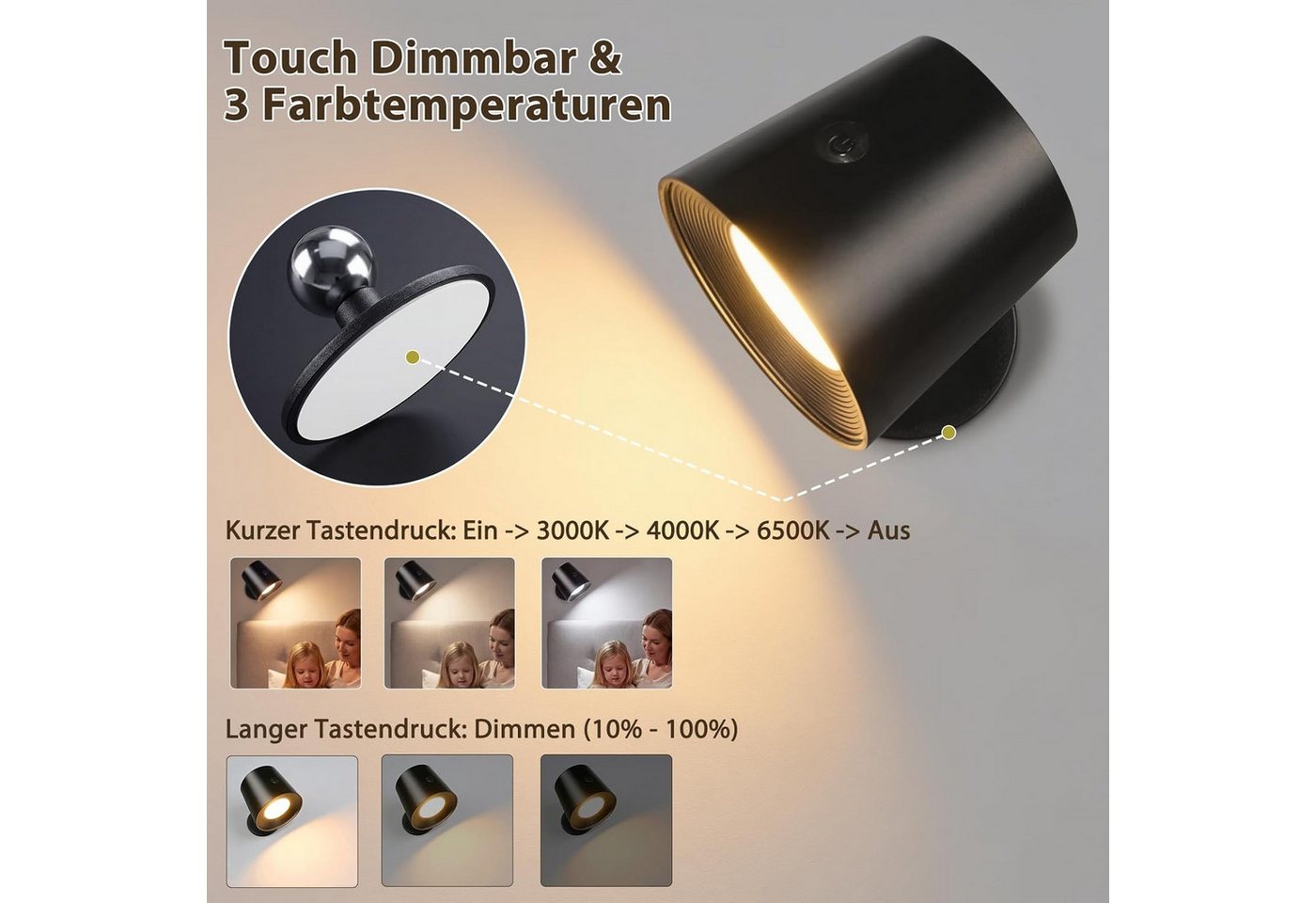 ZMH LED Wandleuchte Leselampe Schwarz Akku 360° Drehbar Touch Control 3 Helligkeitsstufen, Mit Fernbedienung, LED fest integriert, 3000-6500K, USB-Ladefunktion, Wohnzimmer Bild 4