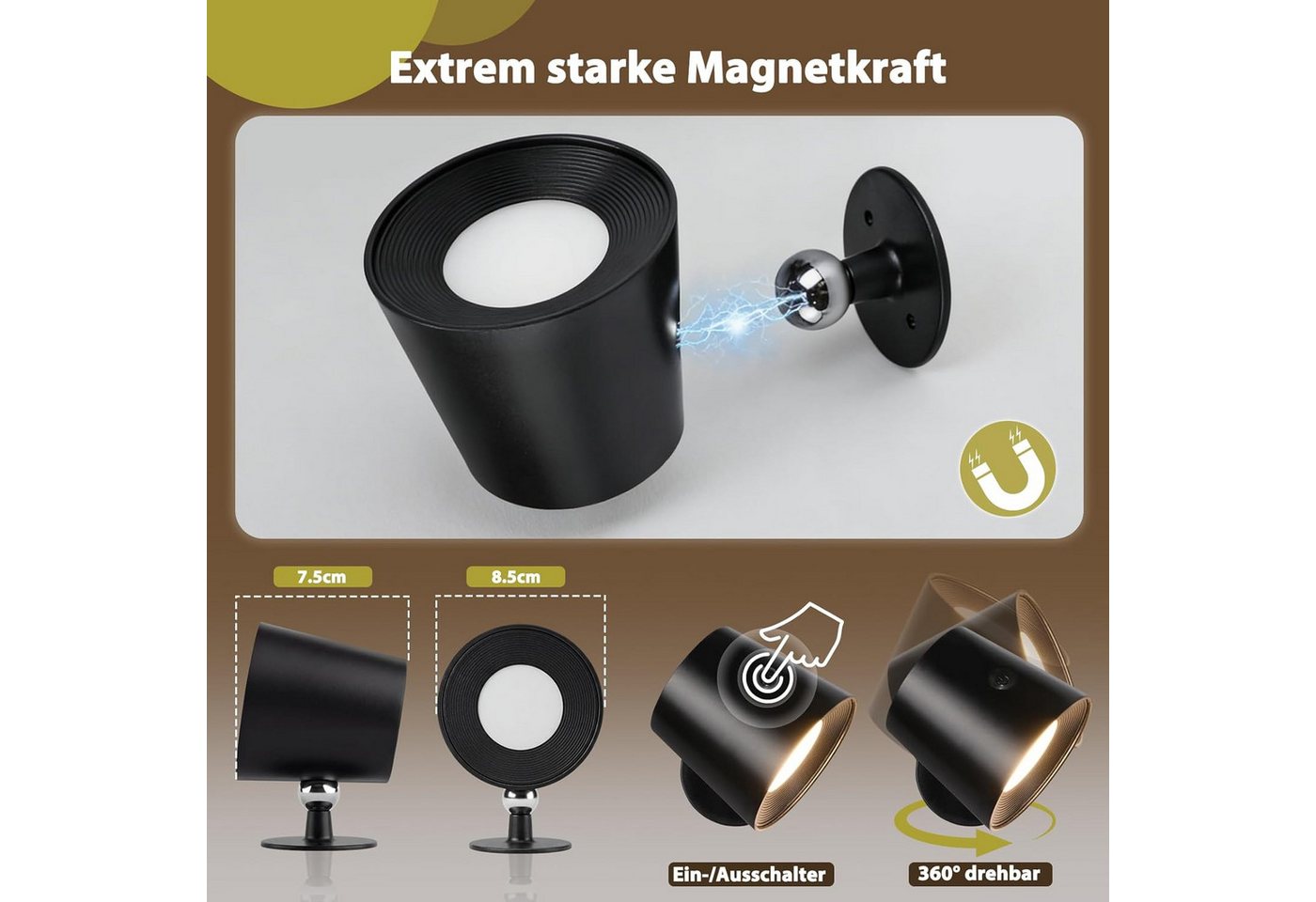 ZMH LED Wandleuchte Leselampe Schwarz Akku 360° Drehbar Touch Control 3 Helligkeitsstufen, Mit Fernbedienung, LED fest integriert, 3000-6500K, USB-Ladefunktion, Wohnzimmer Bild 5