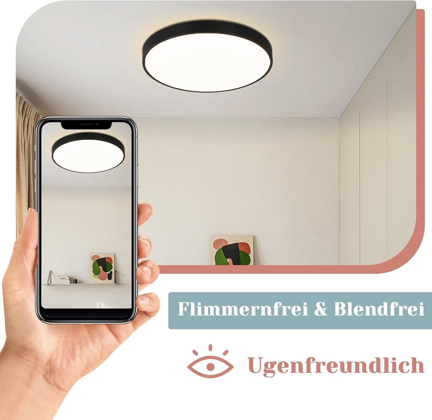 ZMH LED Deckenleuchte Wohnzimmer Rund Schwarz/Weiß Deckenlampe Flach Küchenlampe