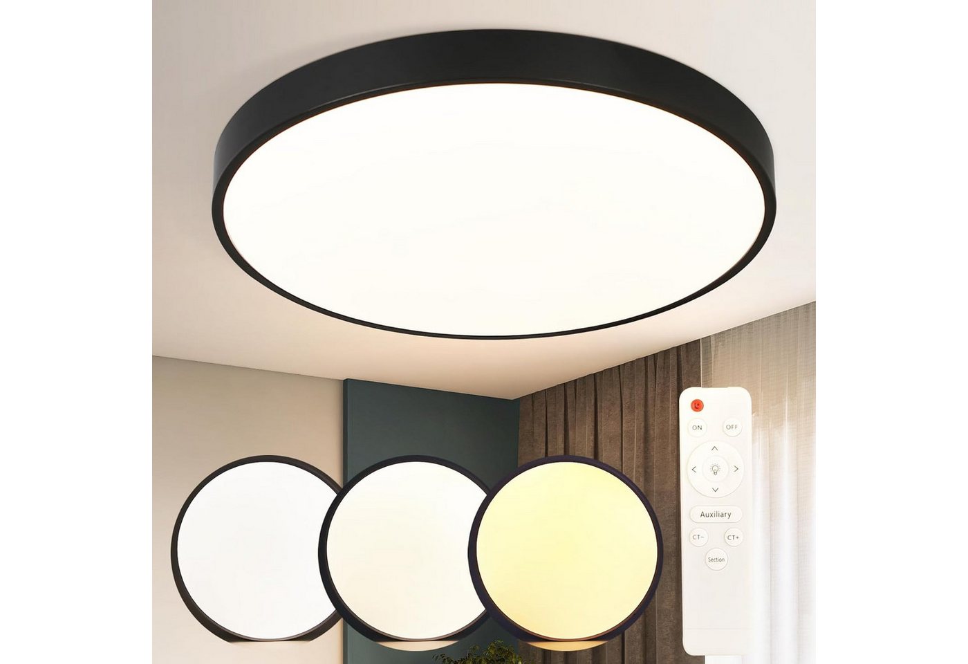ZMH LED Deckenleuchte Wohnzimmer Rund Schwarz/Weiß Deckenlampe Flach Küchenlampe Bild 5