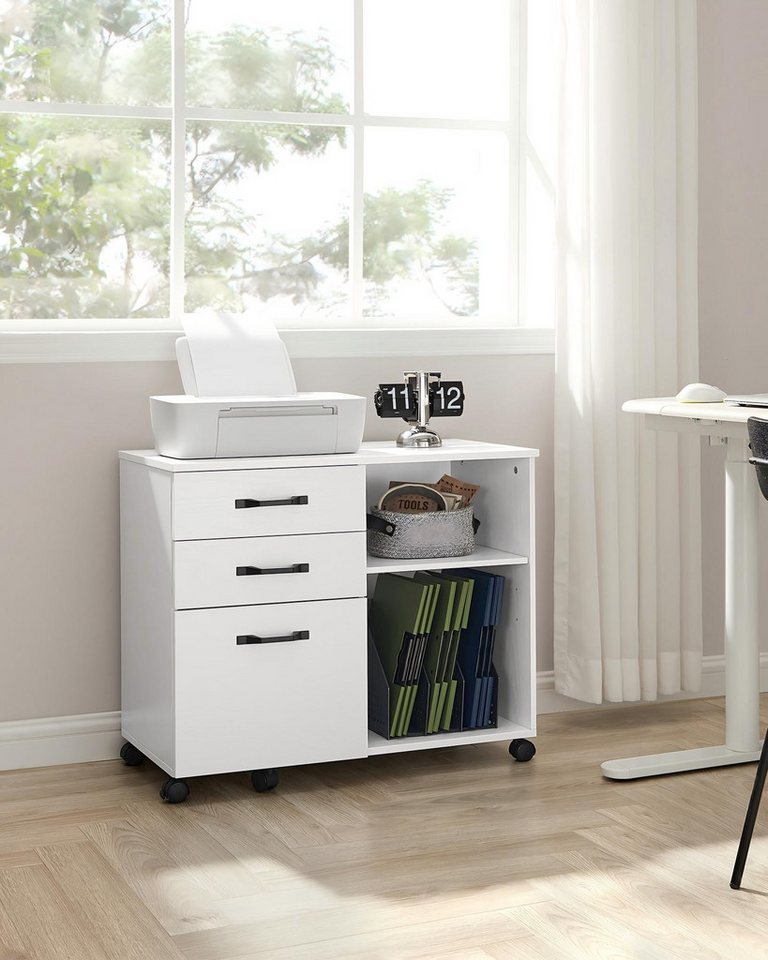 VASAGLE Aktenschrank Rollcontainer Aktenschrank mit 3 Schubladen und Rollen Industrie-Design, offene Fächer, mit Holzmaserung, Druckerständer