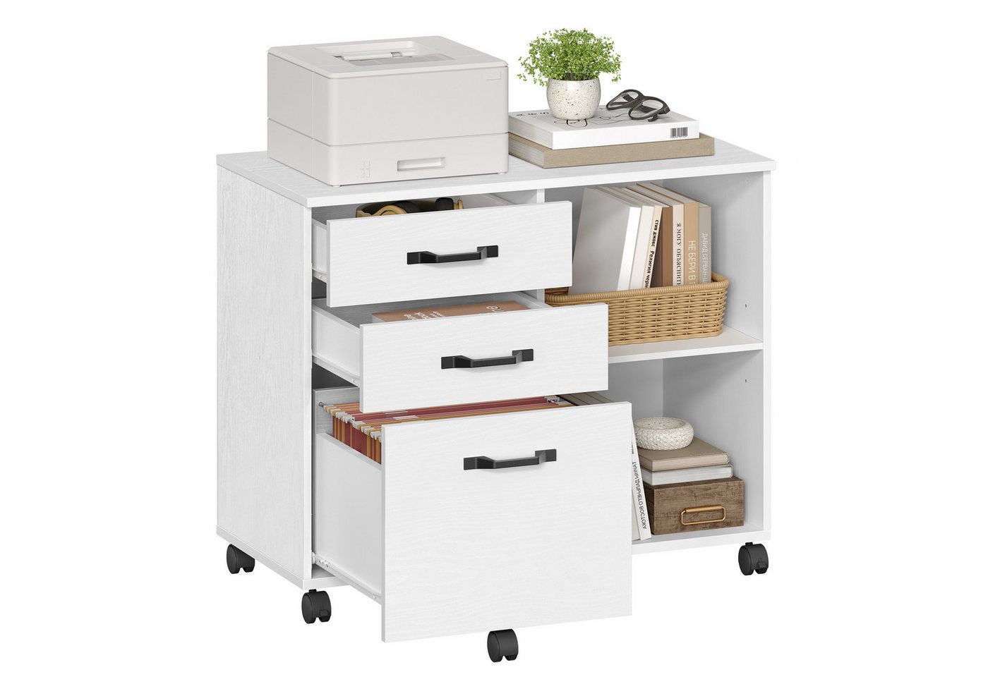 VASAGLE Aktenschrank Rollcontainer Aktenschrank mit 3 Schubladen und Rollen Industrie-Design, offene Fächer, mit Holzmaserung, Druckerständer Bild 3