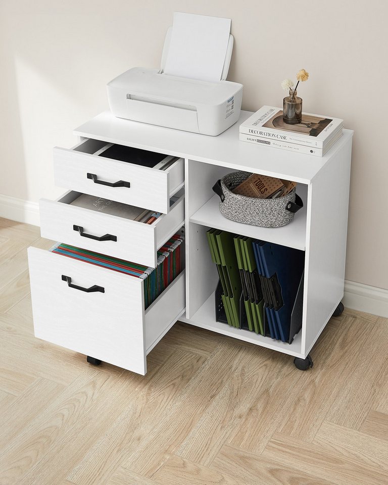 VASAGLE Aktenschrank Rollcontainer Aktenschrank mit 3 Schubladen und Rollen Industrie-Design, offene Fächer, mit Holzmaserung, Druckerständer Bild 4
