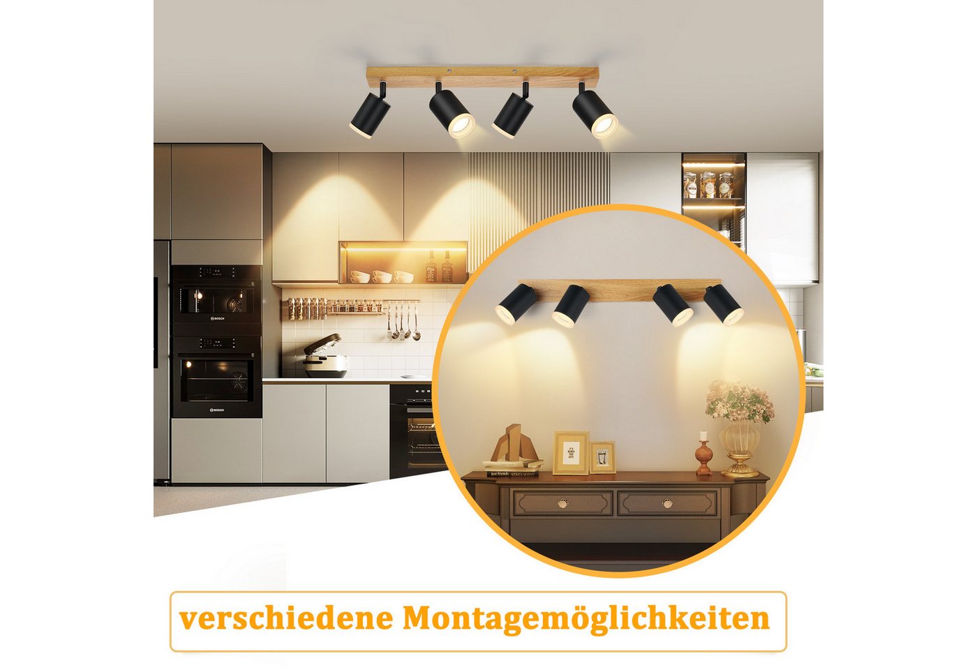 ZMH LED Deckenstrahler 2/3/4 Flammig GU10 Holz-Acryl Deckenleuchte 350° Drehbar Wohnzimmer, ohne Leuchtmittel