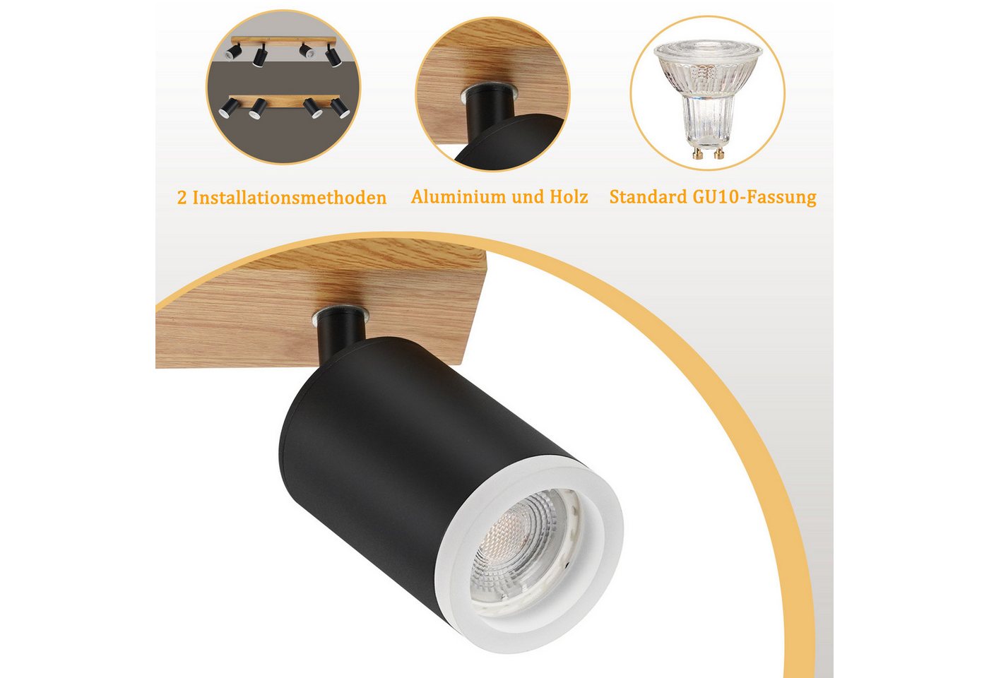 ZMH LED Deckenstrahler 2/3/4 Flammig GU10 Holz-Acryl Deckenleuchte 350° Drehbar Wohnzimmer, ohne Leuchtmittel Bild 2