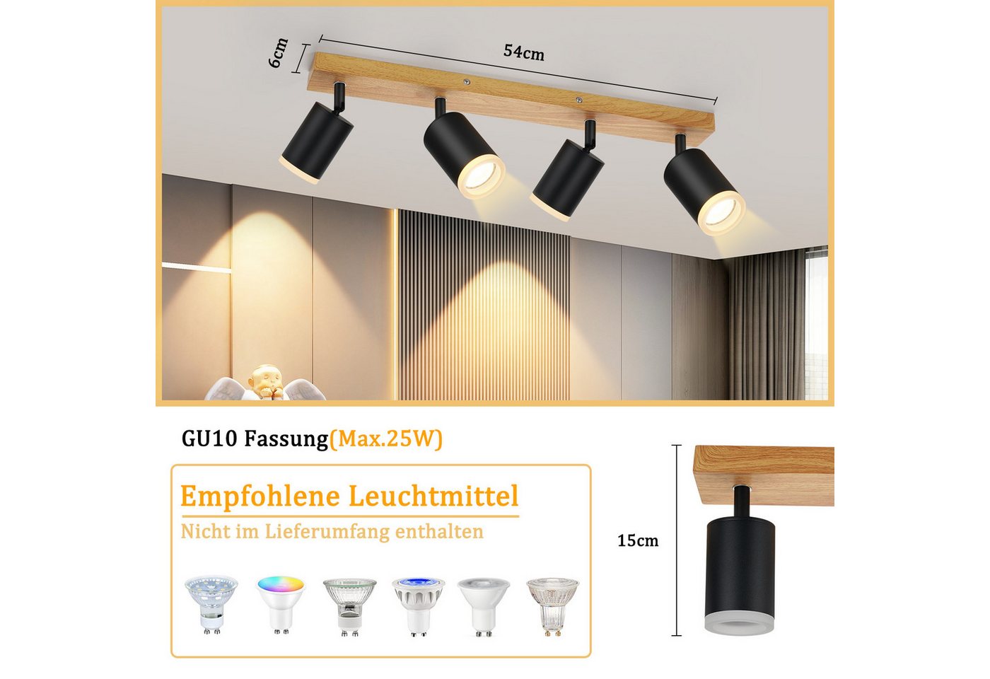 ZMH LED Deckenstrahler 2/3/4 Flammig GU10 Holz-Acryl Deckenleuchte 350° Drehbar Wohnzimmer, ohne Leuchtmittel Bild 3