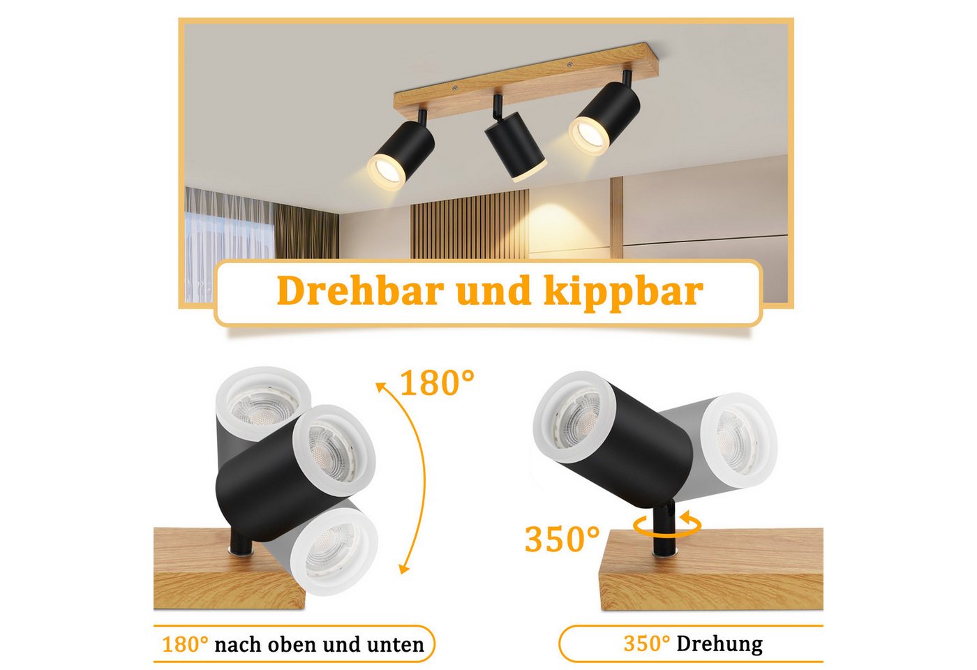 ZMH LED Deckenstrahler 2/3/4 Flammig GU10 Holz-Acryl Deckenleuchte 350° Drehbar Wohnzimmer, ohne Leuchtmittel, Schwarz Bild 2