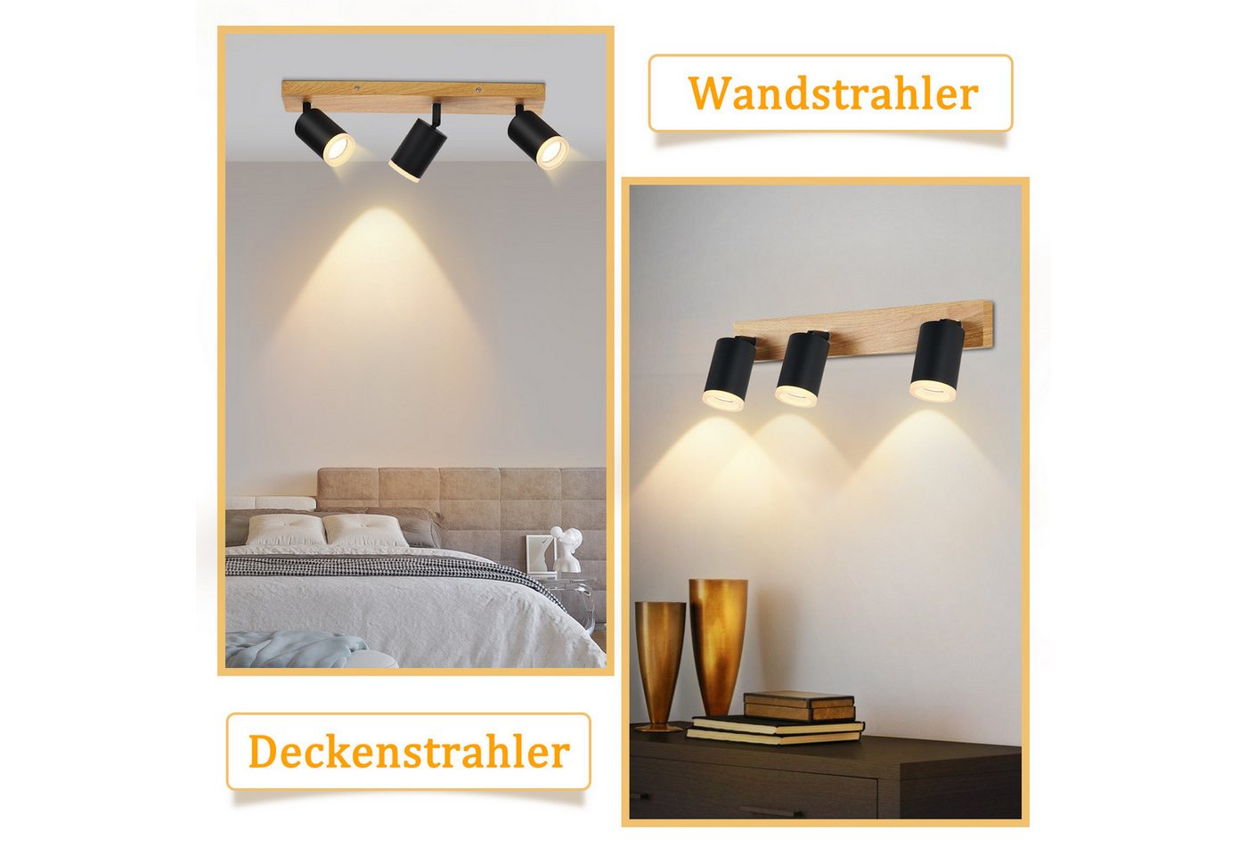 ZMH LED Deckenstrahler 2/3/4 Flammig GU10 Holz-Acryl Deckenleuchte 350° Drehbar Wohnzimmer, ohne Leuchtmittel, Schwarz Bild 3