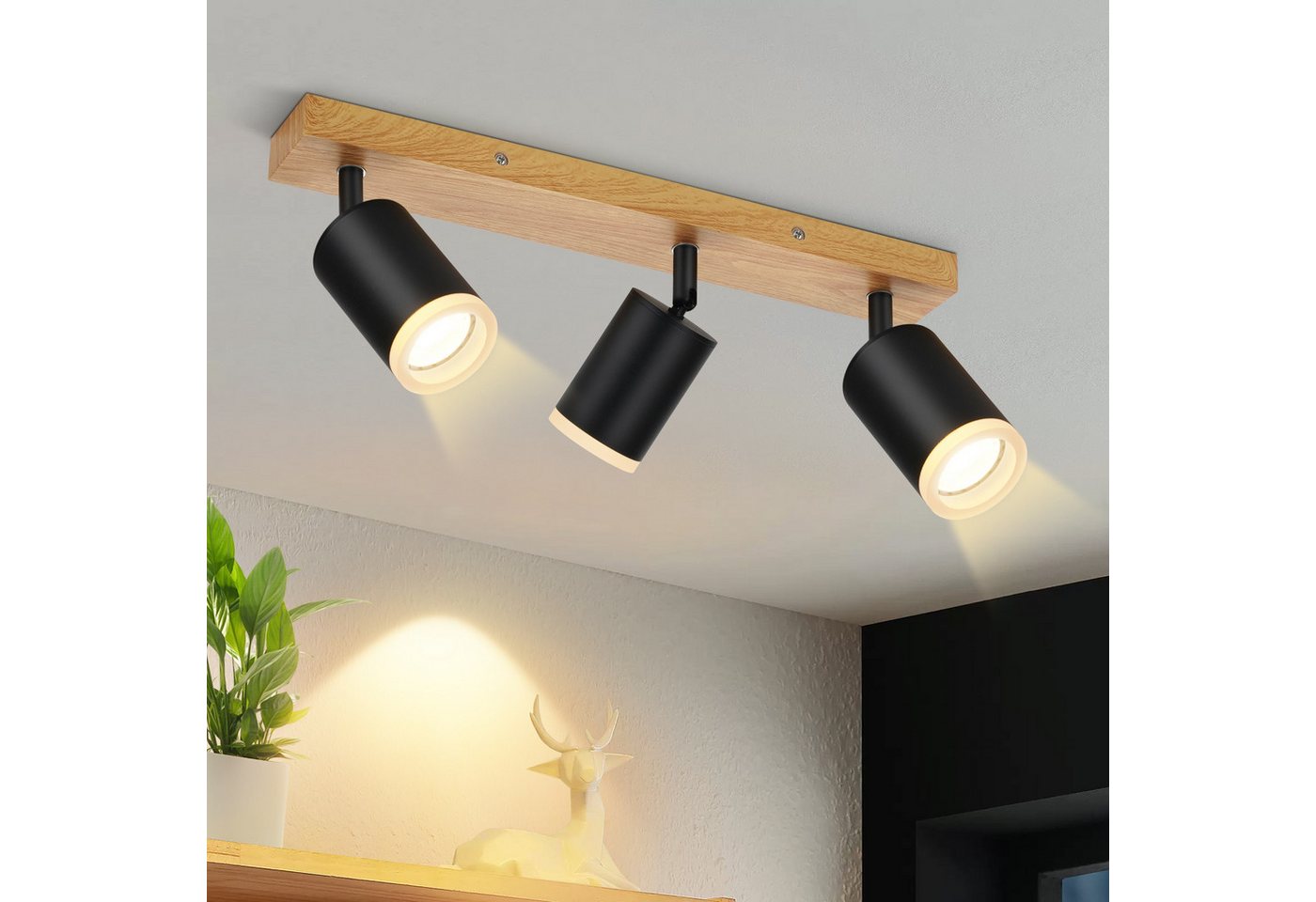 ZMH LED Deckenstrahler 2/3/4 Flammig GU10 Holz-Acryl Deckenleuchte 350° Drehbar Wohnzimmer, ohne Leuchtmittel, Schwarz Bild 4