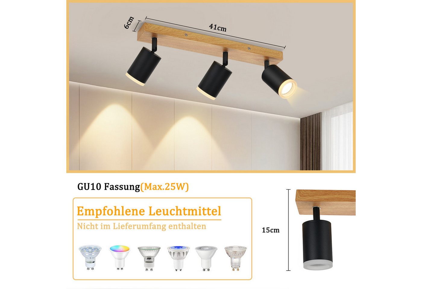ZMH LED Deckenstrahler 2/3/4 Flammig GU10 Holz-Acryl Deckenleuchte 350° Drehbar Wohnzimmer, ohne Leuchtmittel, Schwarz Bild 5