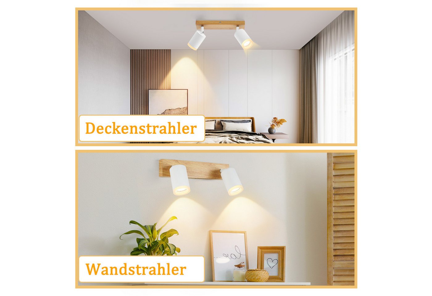 ZMH LED Deckenstrahler 2/3/4 Flammig GU10 Holz-Acryl Deckenleuchte 350° Drehbar Wohnzimmer, ohne Leuchtmittel, Weiß, 2 Installationsmethoden(Decken/Wandmontage) Vintage Flur