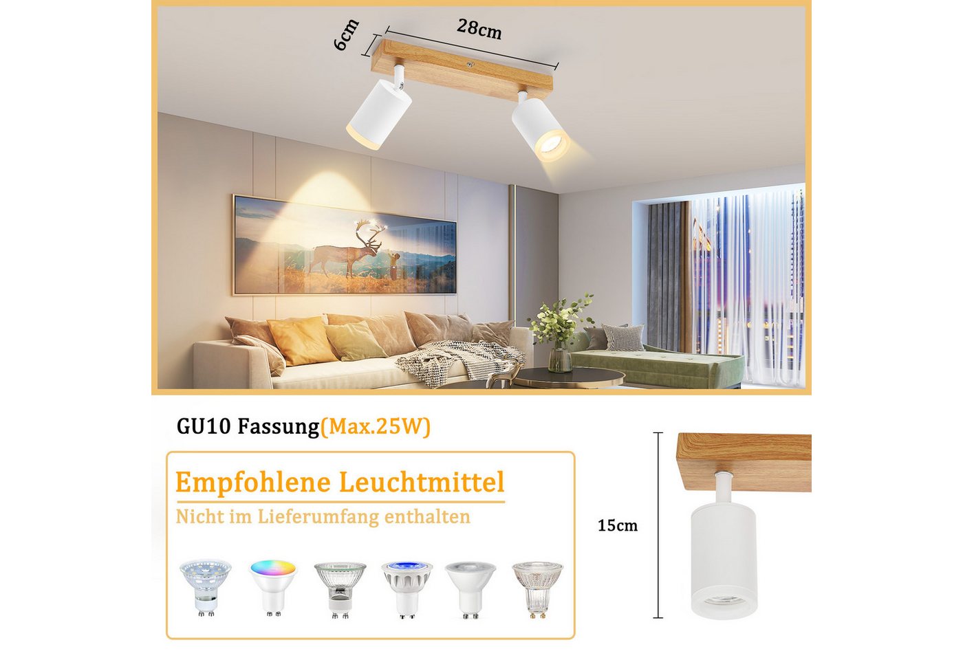 ZMH LED Deckenstrahler 2/3/4 Flammig GU10 Holz-Acryl Deckenleuchte 350° Drehbar Wohnzimmer, ohne Leuchtmittel, Weiß, 2 Installationsmethoden(Decken/Wandmontage) Vintage Flur Bild 2
