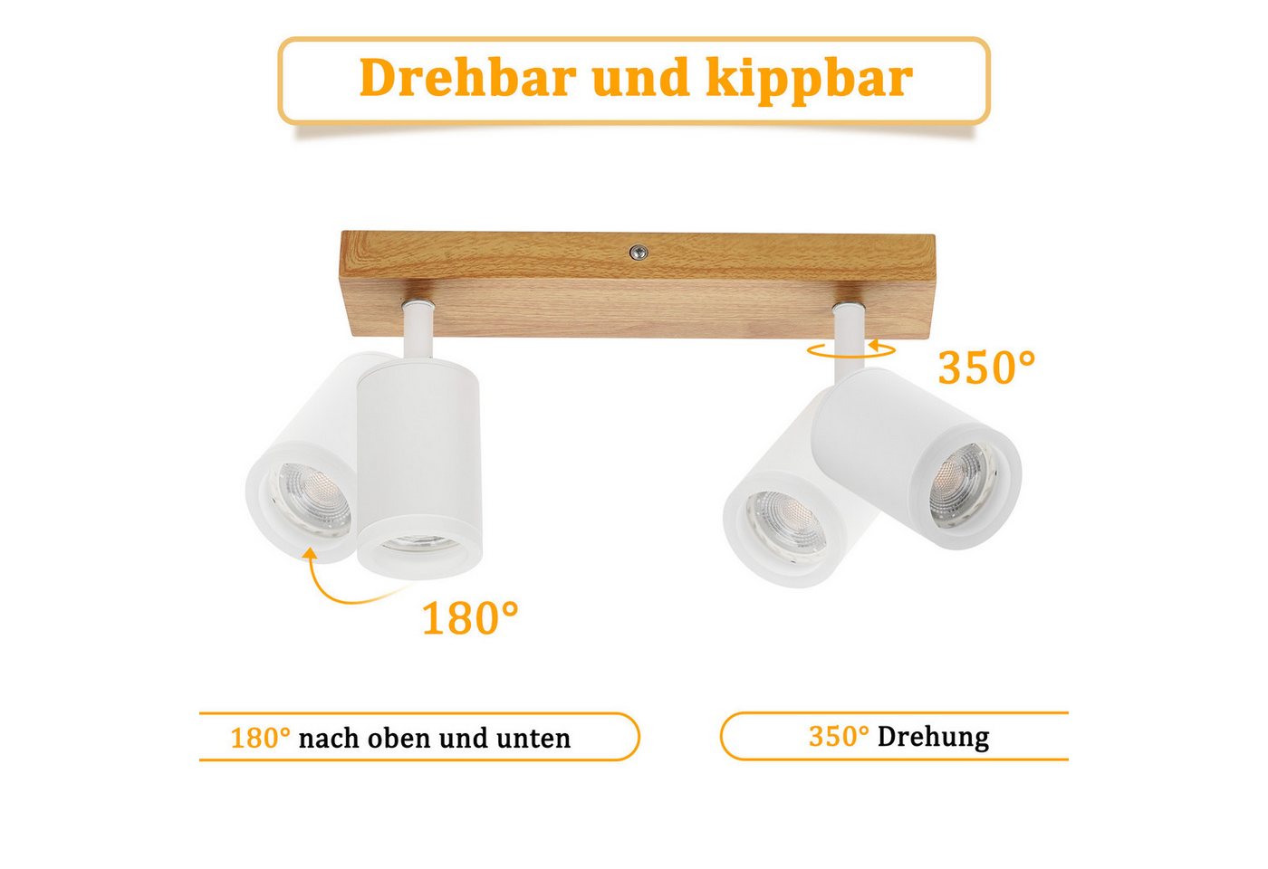 ZMH LED Deckenstrahler 2/3/4 Flammig GU10 Holz-Acryl Deckenleuchte 350° Drehbar Wohnzimmer, ohne Leuchtmittel, Weiß, 2 Installationsmethoden(Decken/Wandmontage) Vintage Flur Bild 4