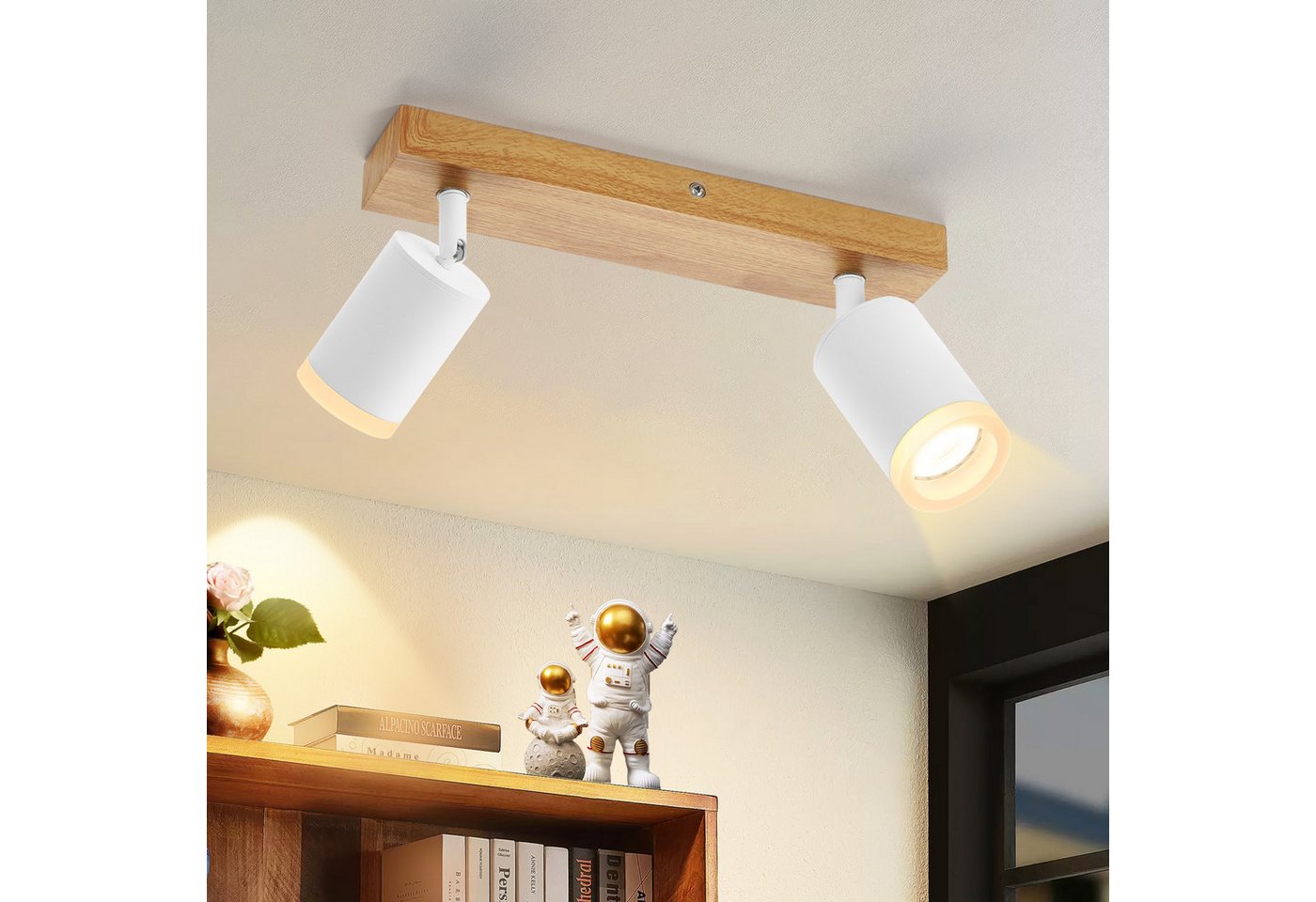 ZMH LED Deckenstrahler 2/3/4 Flammig GU10 Holz-Acryl Deckenleuchte 350° Drehbar Wohnzimmer, ohne Leuchtmittel, Weiß, 2 Installationsmethoden(Decken/Wandmontage) Vintage Flur Bild 5
