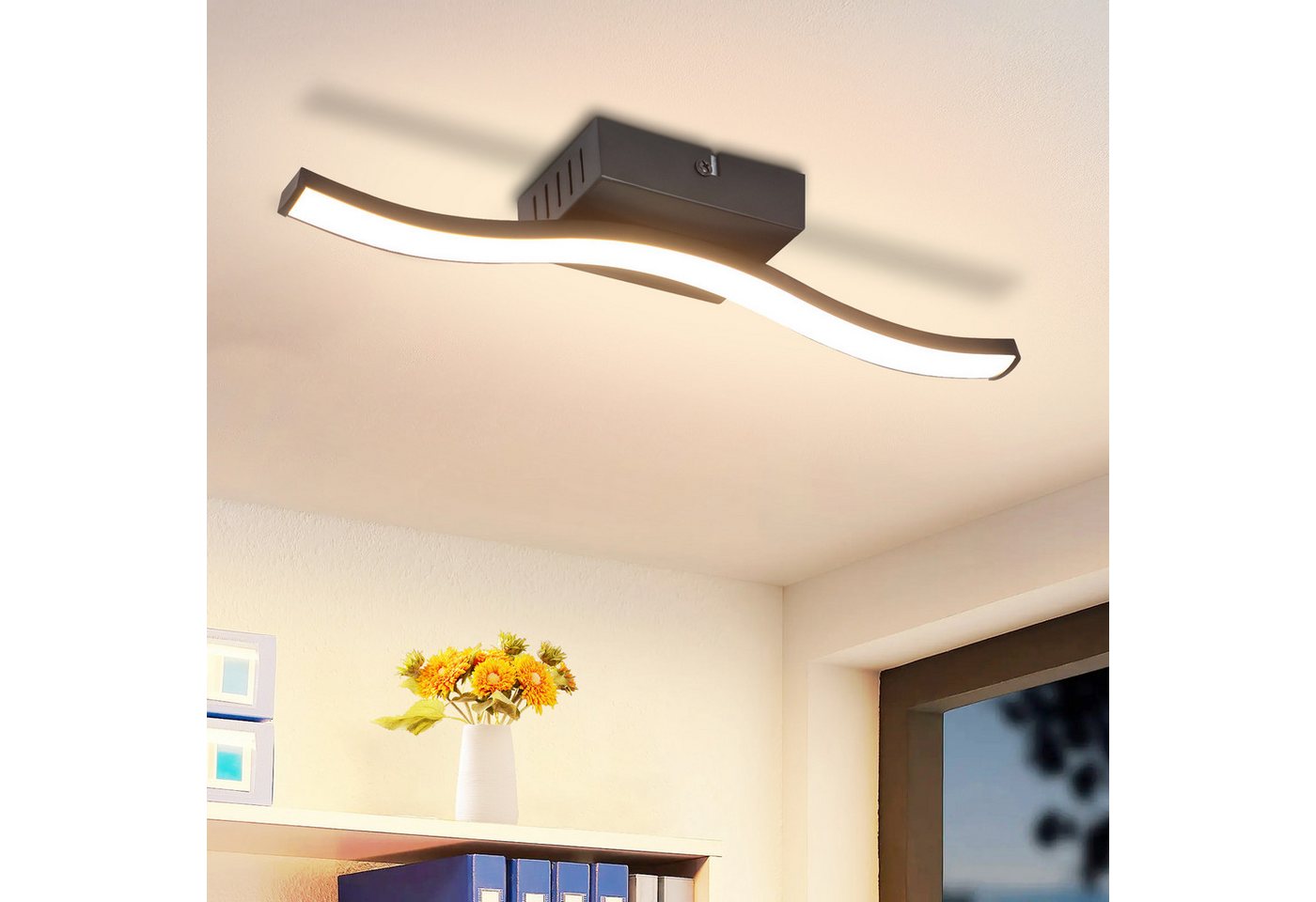 ZMH LED Deckenleuchte Schwarz Wellen Design Modern Deckenlampe 3000K Flur Küche, LED fest integriert, Warmweiß
